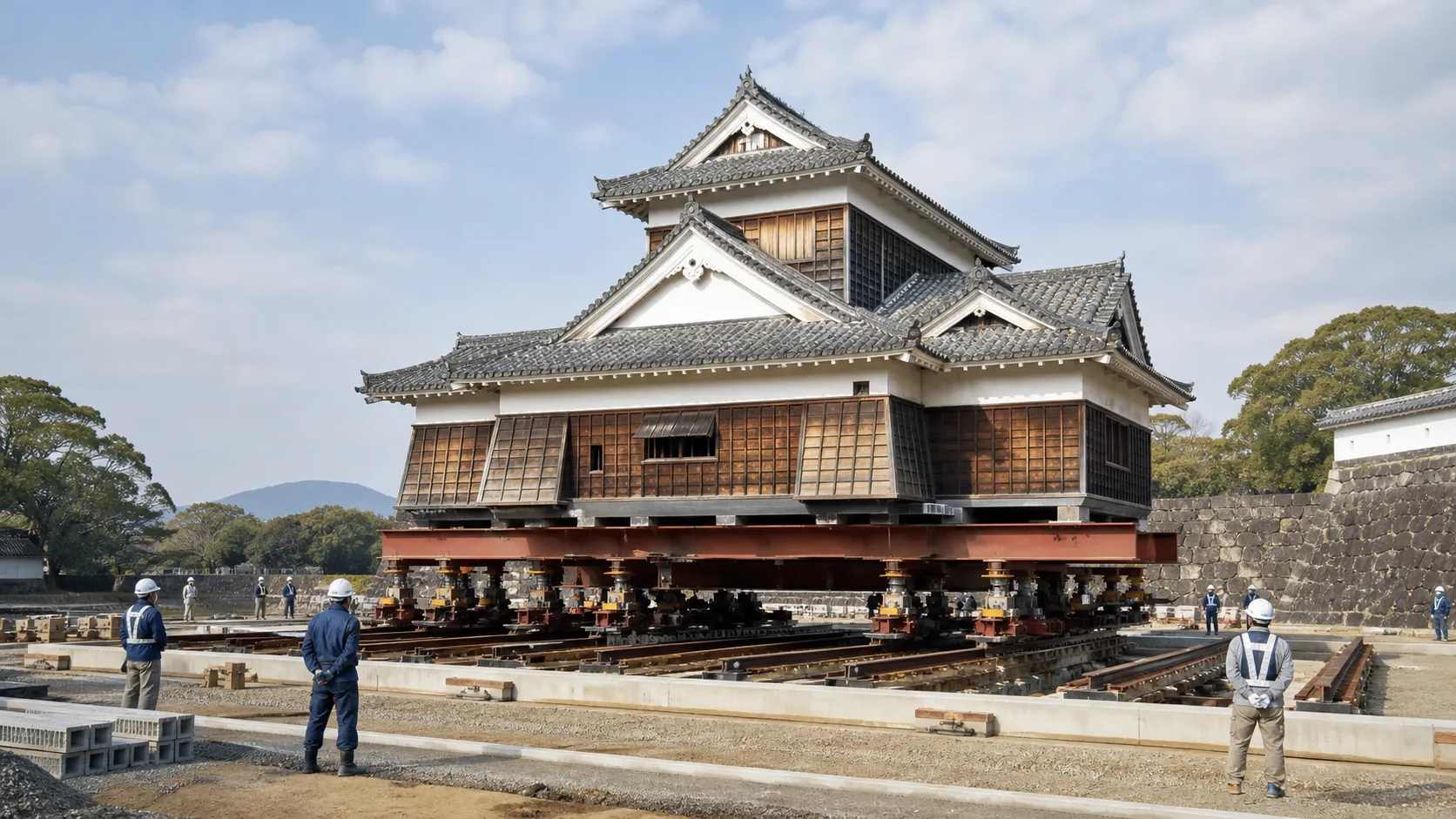 建物を仮受けし、レールと油圧ジャッキで新基礎へ水平移動する曳家工事の工程図仕様
