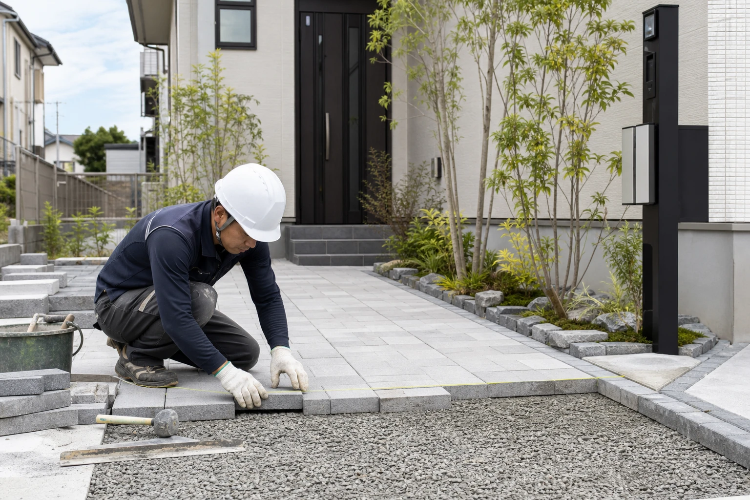 外構工事を掘削・舗装・門まわり・植栽の施工内容に分けて会社を選ぶイメージ