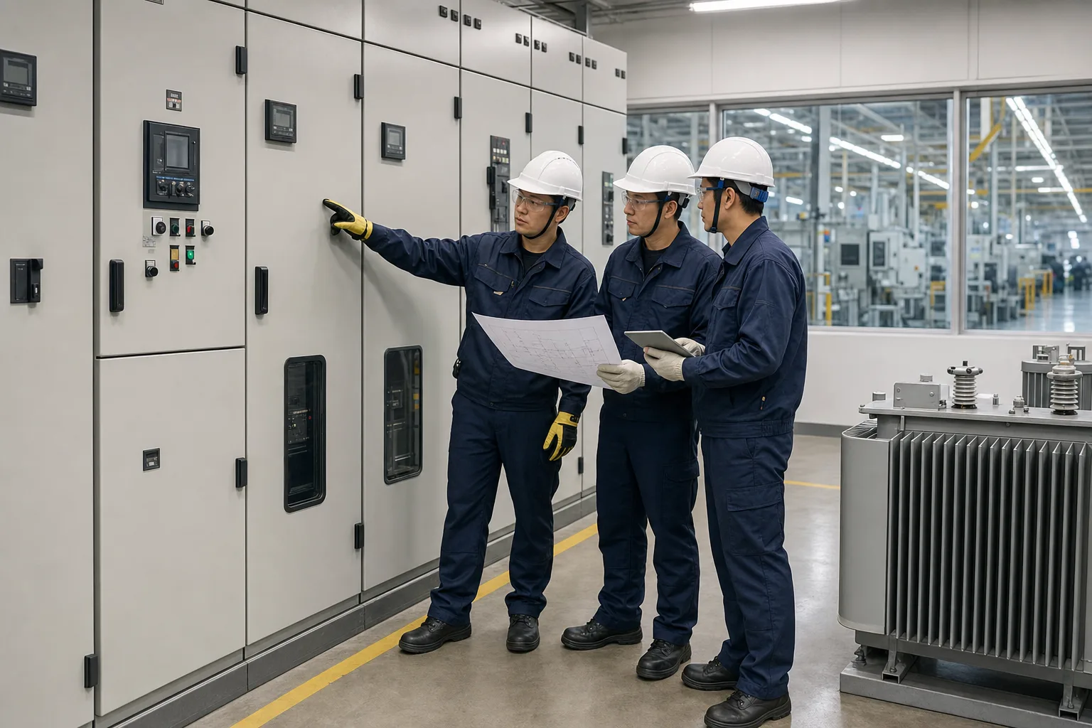 工場の受変電設備を前に停止範囲と切替手順を確認する電気工事担当者