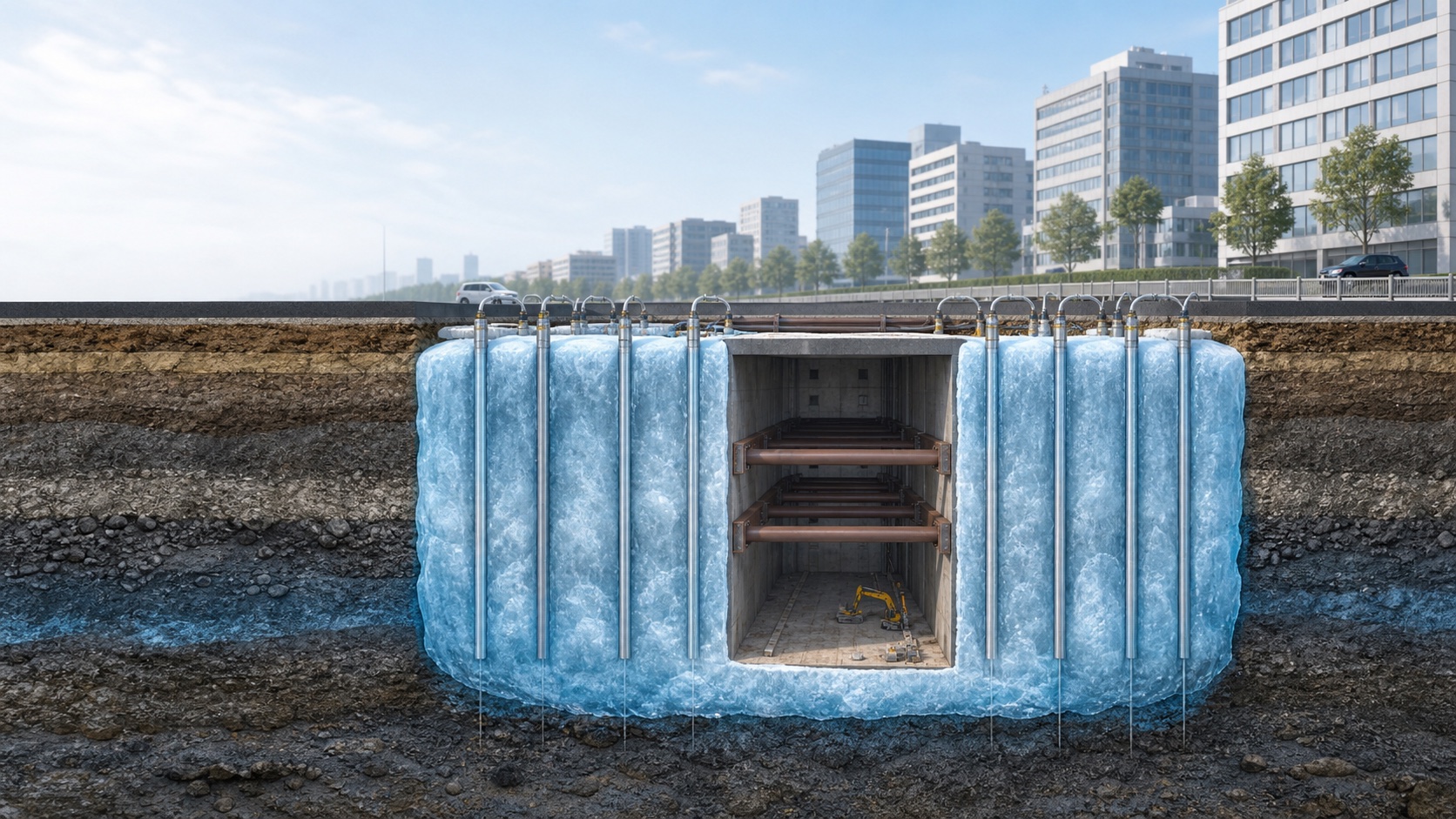 地盤凍結工法で凍結管を使い地下水の流入を止める断面イメージ