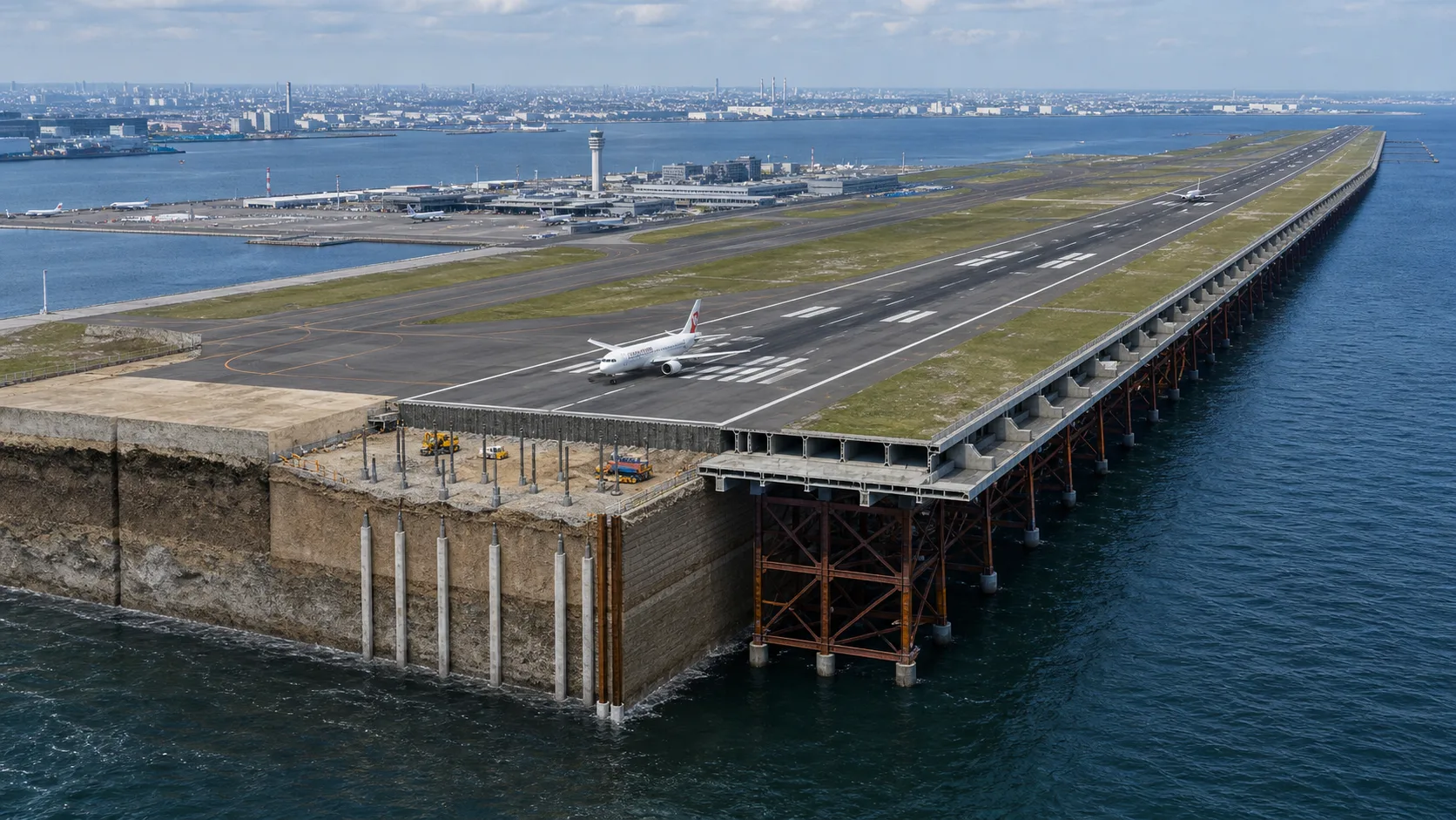 羽田空港D滑走路の埋立部と、多摩川河口側で鋼管杭とジャケットに支えられた桟橋部の鳥瞰断面図
