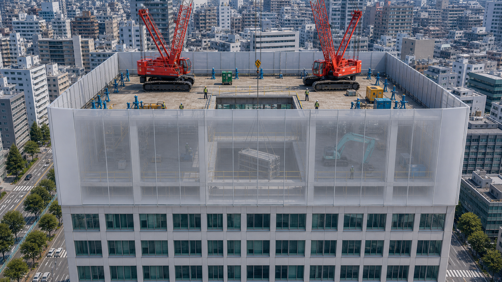 超高層ビルを仮設屋根と外周パネルで覆いながら安全に解体する現場イメージ
