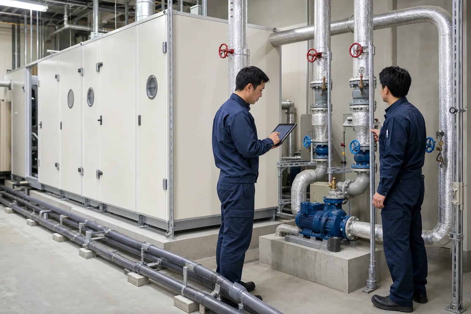 工場建屋で空調ダクトと給排水配管の施工範囲を確認する設備工事担当者