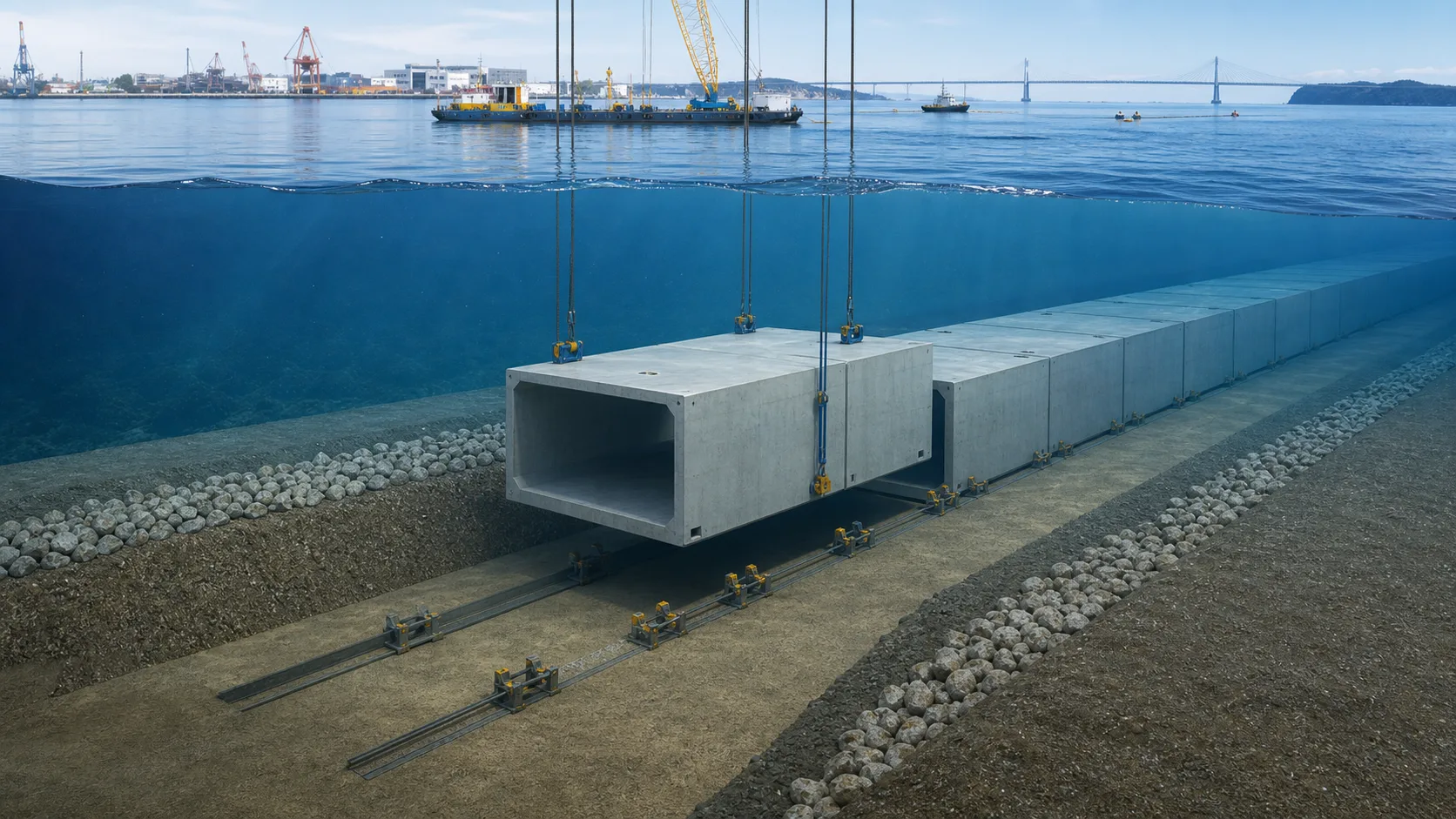 製作ヤードから沈埋函を進水し、海上を曳航して海底の溝へ沈設・接合する工程図仕様