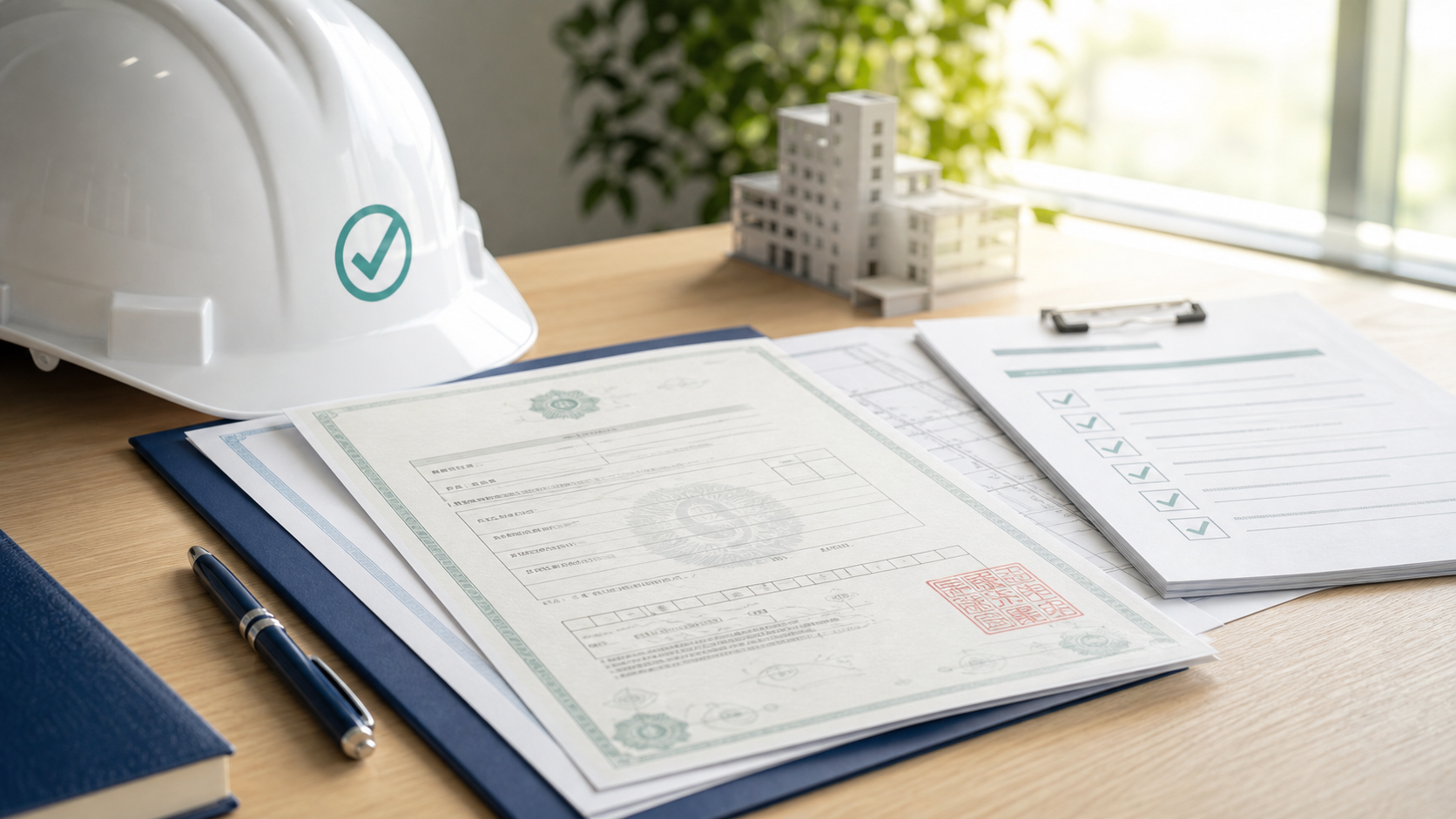 建設業許可情報を確認する書類とヘルメットのイメージ