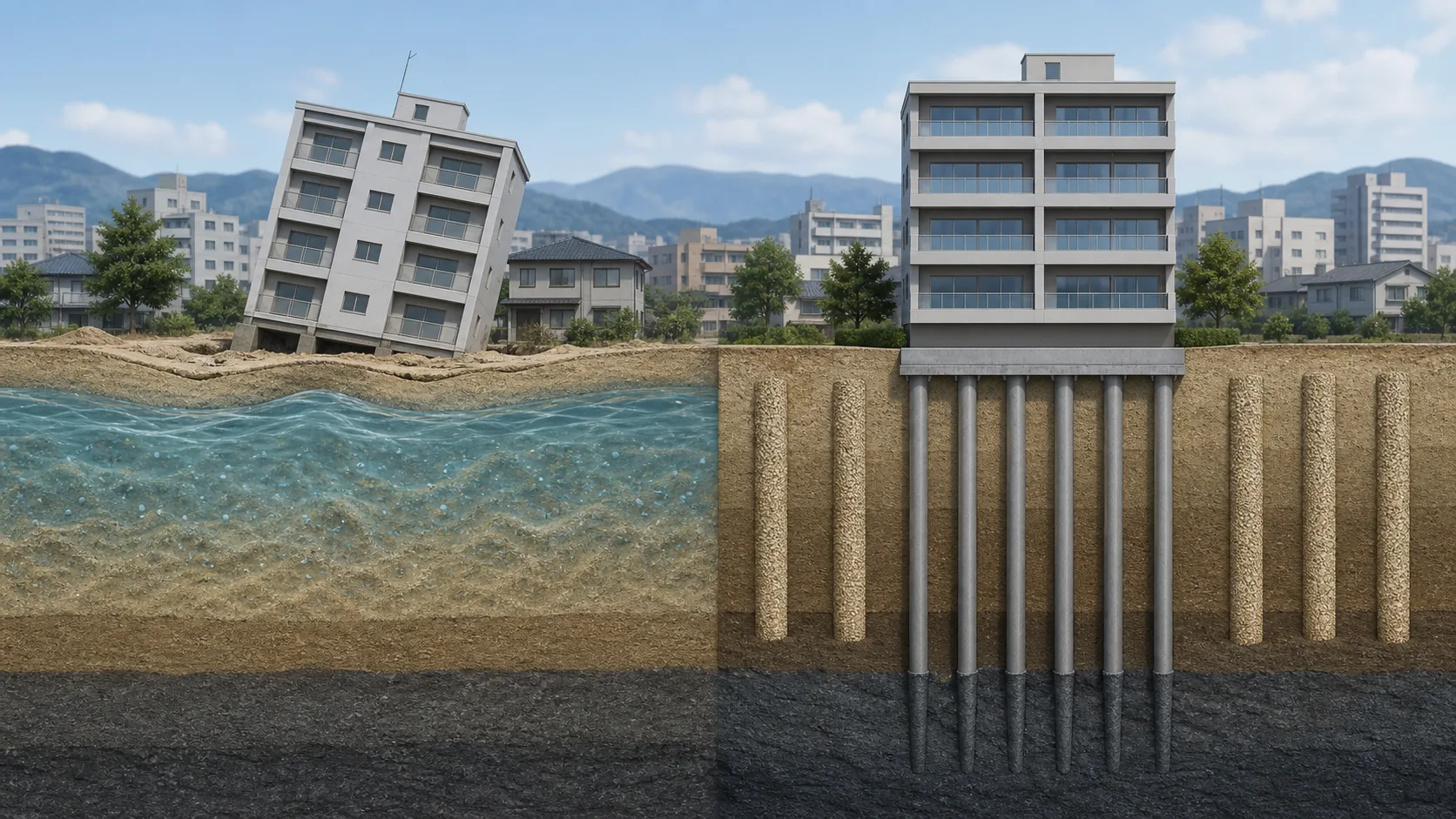 地震時に水圧が高まり砂地盤が変形する状態と、締固め・杭・注入で対策する断面図の仕様