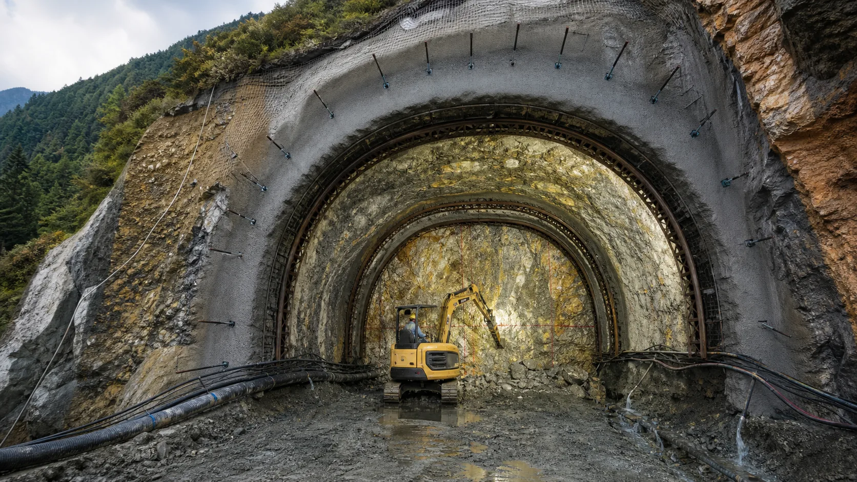 掘削面に吹付けコンクリートとロックボルトを施工し、山岳トンネルを安定させる断面図の仕様