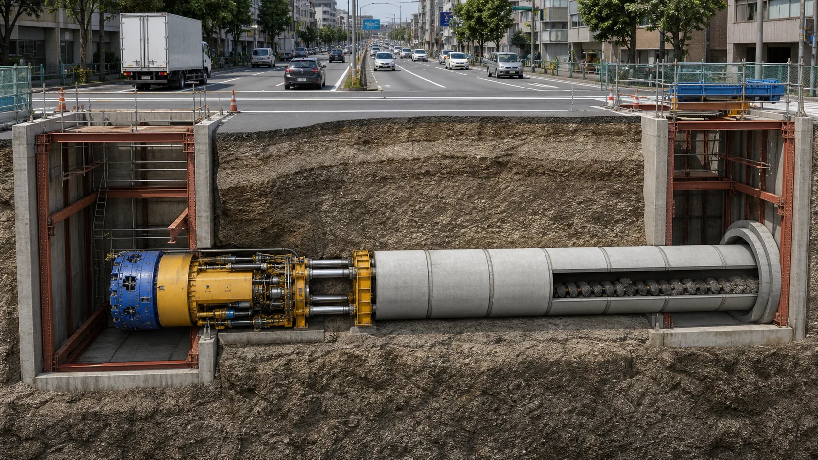 道路下の発進立坑から掘進機が下水管を押し出し、到達立坑へ進む推進工法の断面図