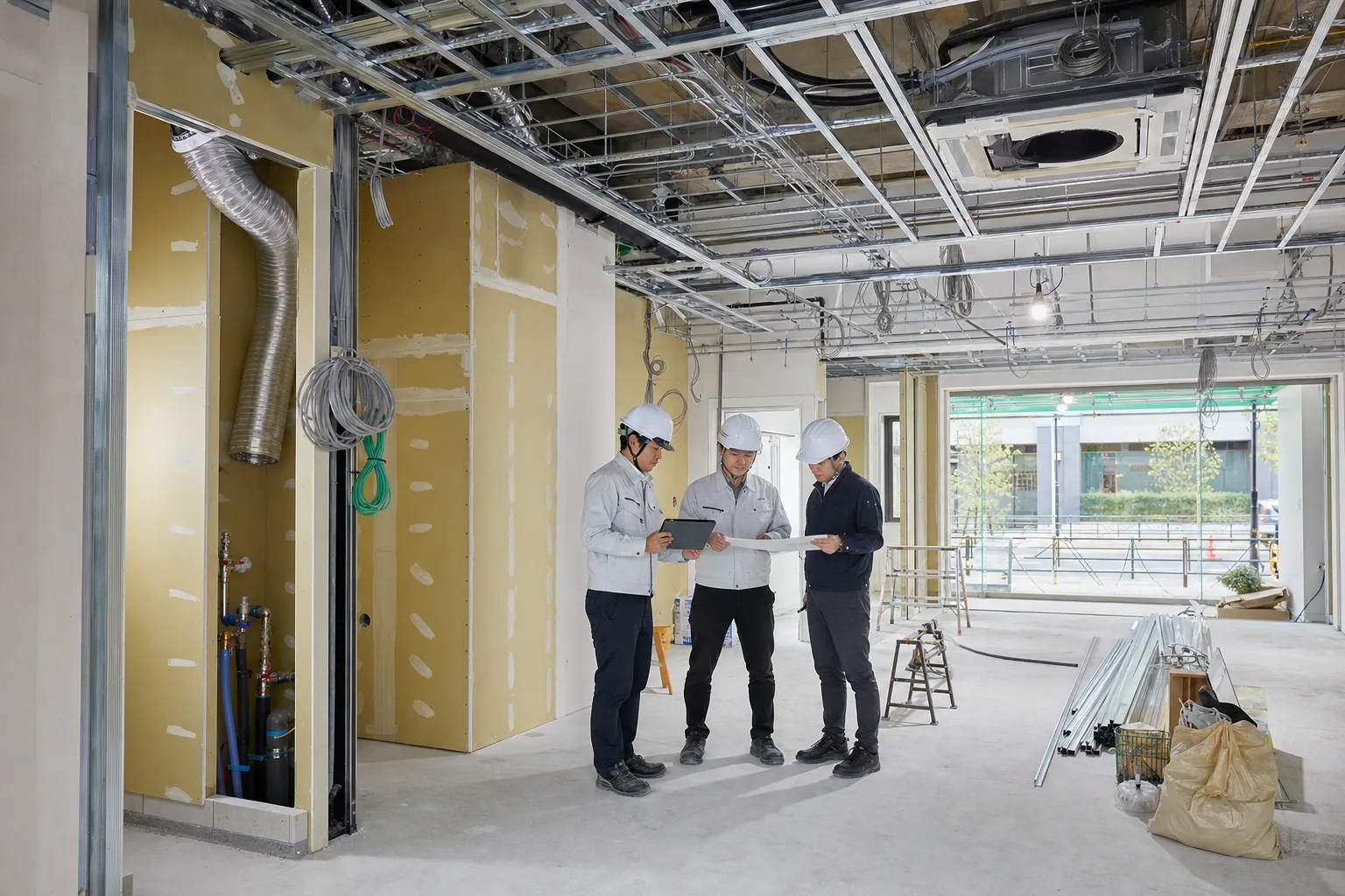 店舗・オフィス改修で内装、電気、空調、給排水の施工範囲を確認するイメージ