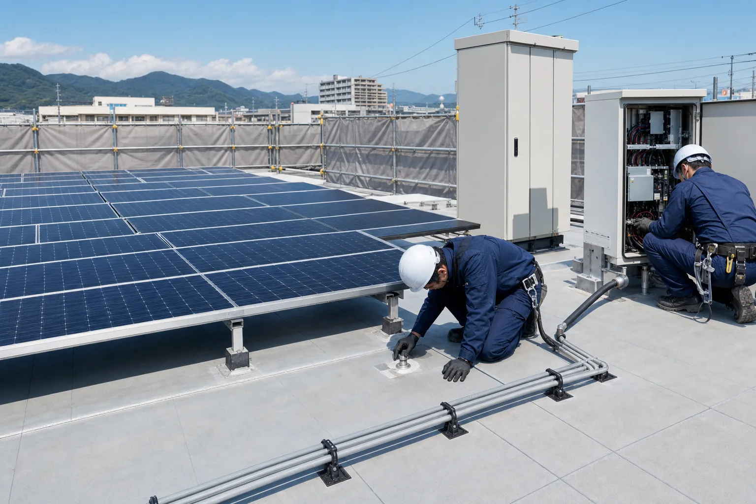 屋根一体型と屋根置き型の太陽光パネル、蓄電池の施工範囲を比較するイメージ