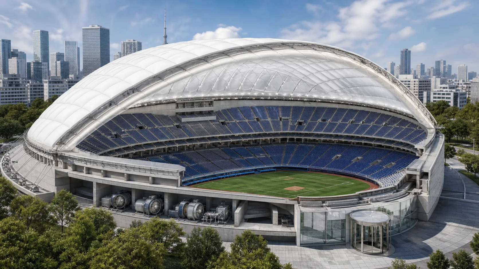 東京ドームの二重膜屋根、加圧送風ファン、回転ドア、28本のケーブルを示す建物断面図