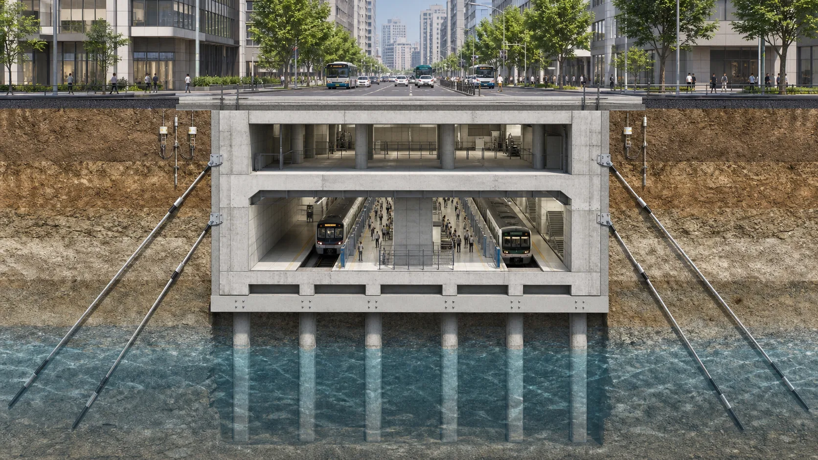 地下水位が上昇した東京駅の地下ホーム底盤を、地盤へ定着したグラウンドアンカーが支える断面図