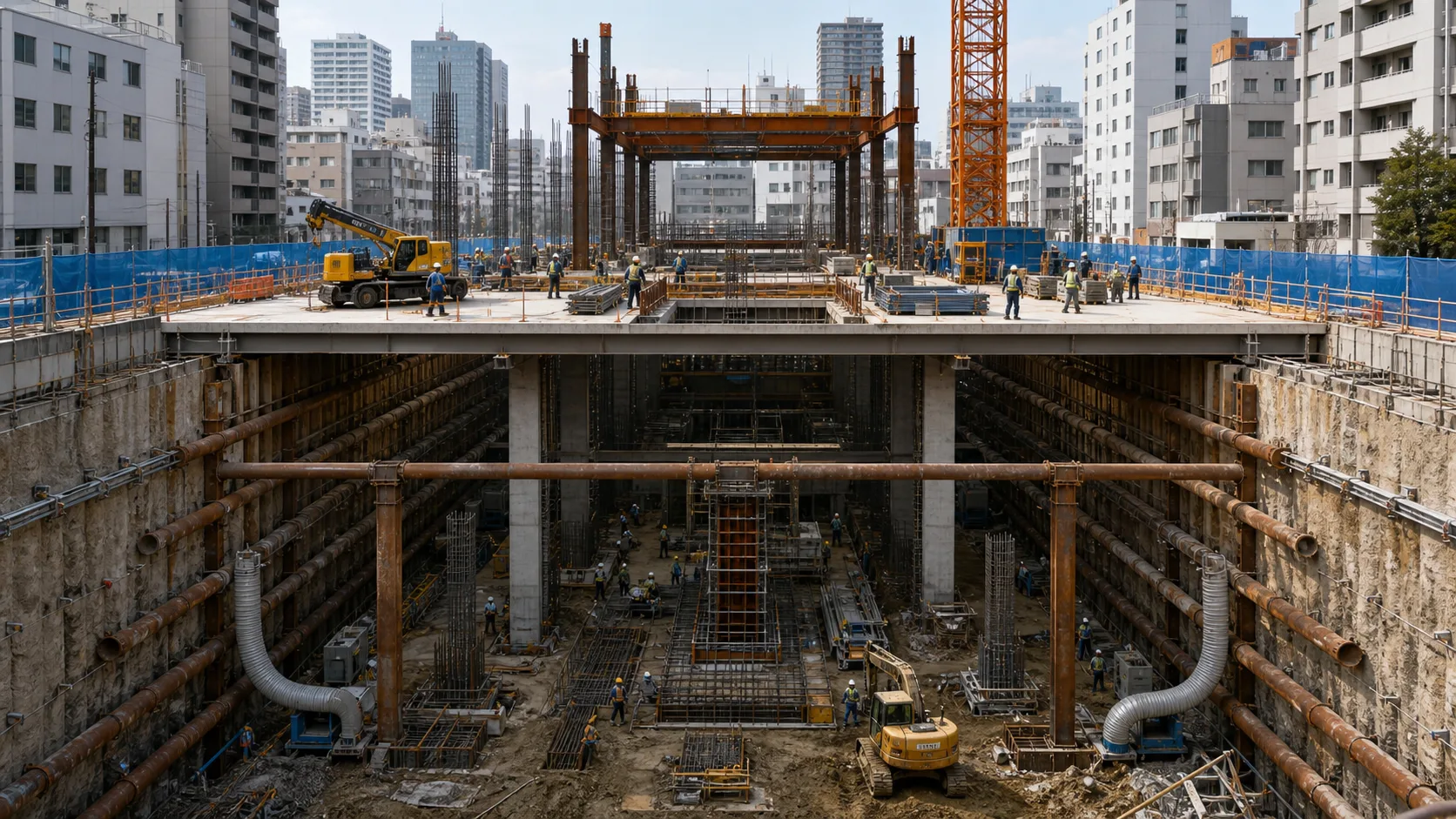 都市部の建設現場で1階床を作業床にし、地上躯体は上へ地下躯体は下へ進む逆打ち工法の断面図