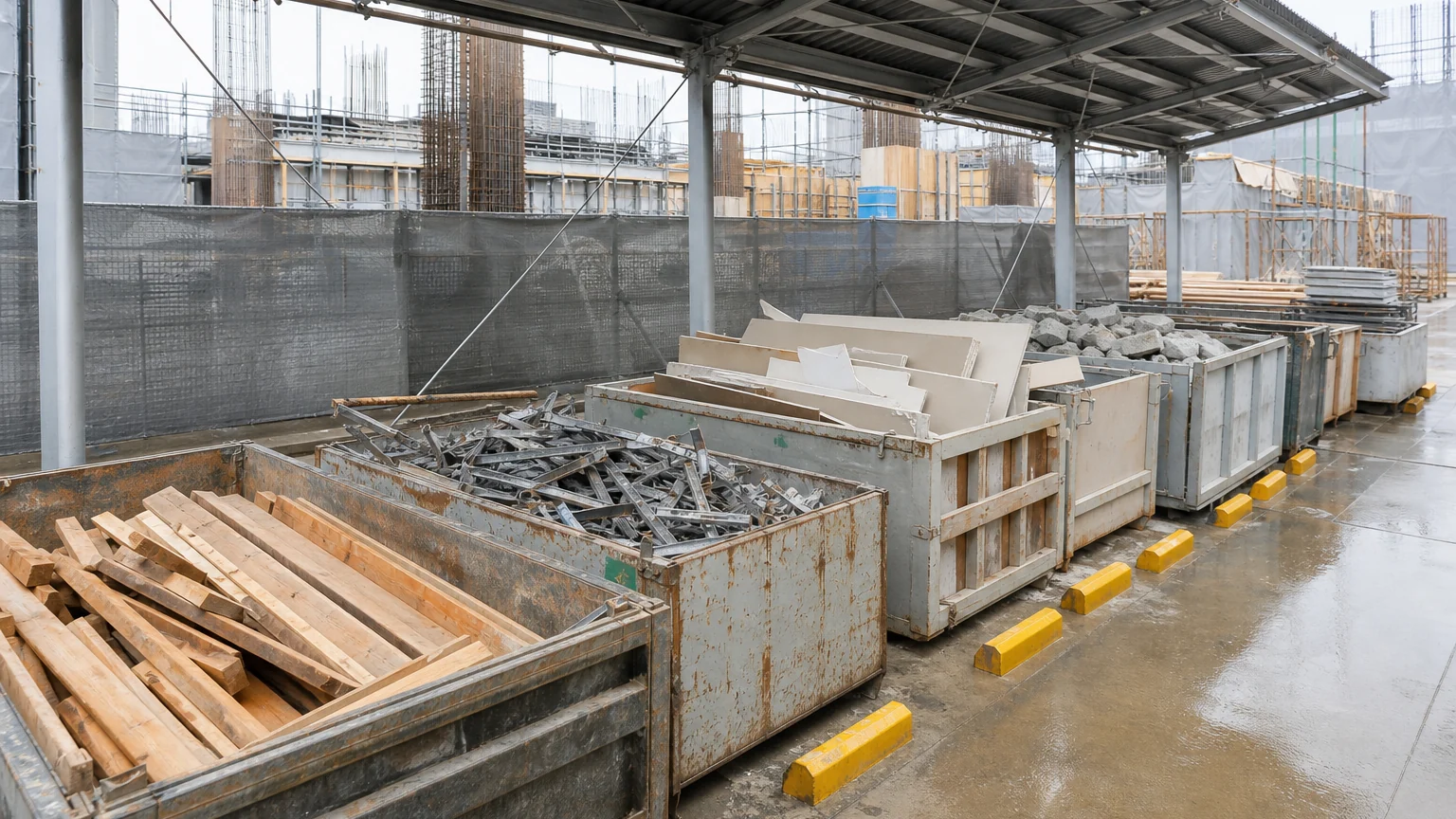 建設現場で木材、金属、石膏ボード、がれきを分別したイメージ