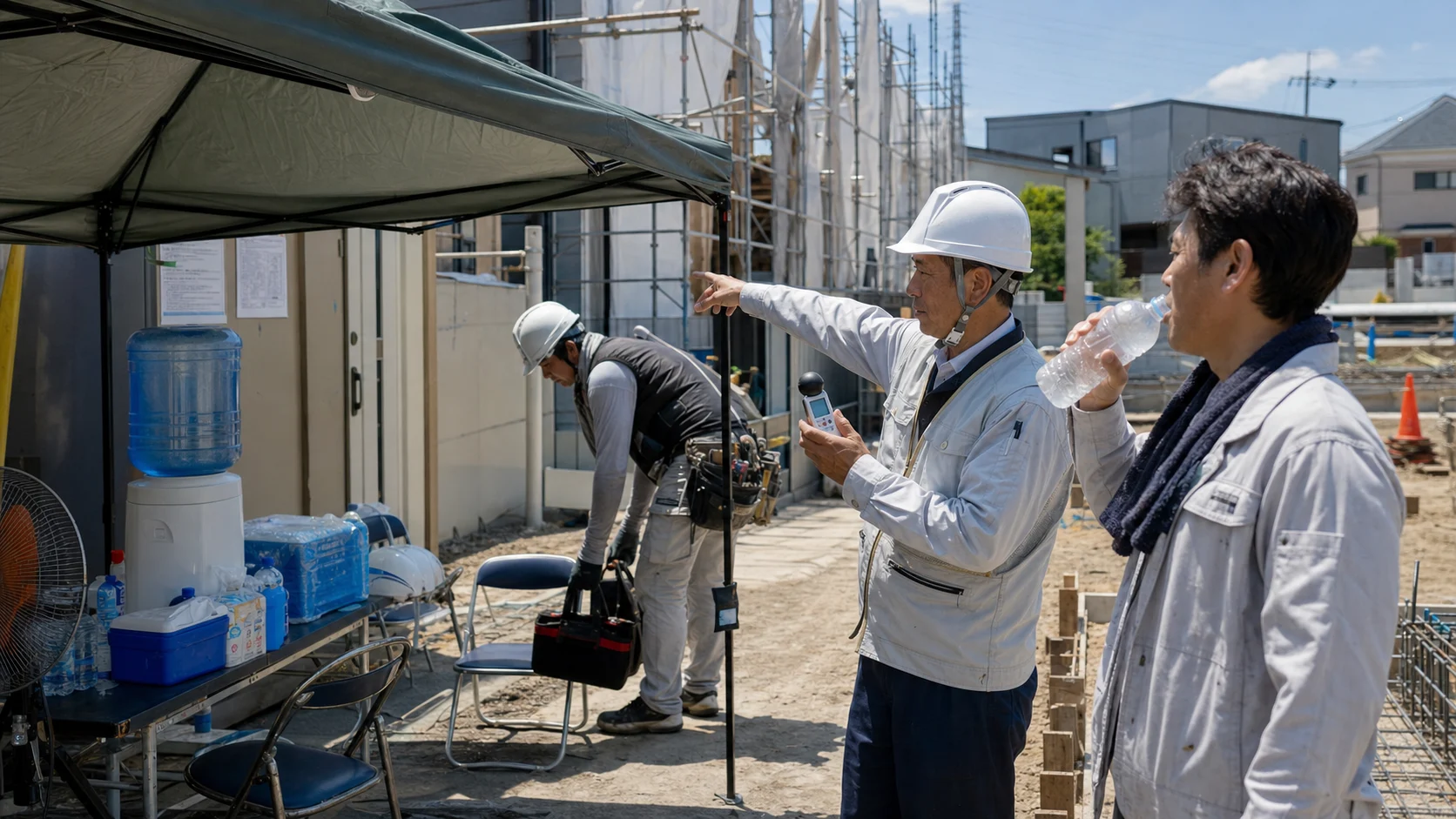 小規模建設現場で暑さ指数を確認し、日陰の冷却場所へ作業員を誘導する様子