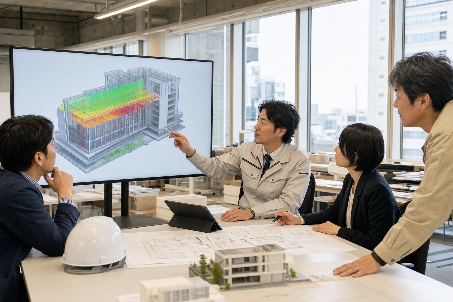 建築BIMモデルを元請と専門工事会社が共同確認する様子