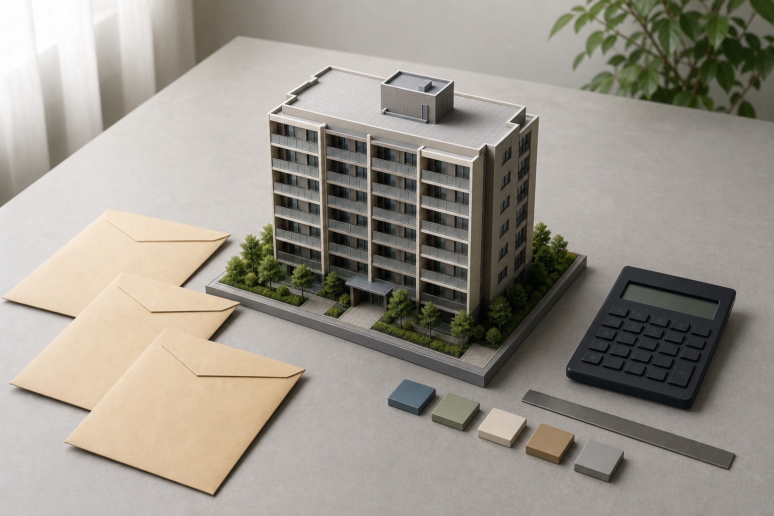 マンション模型、三通の入札封筒、電卓を並べた発注確認のイメージ