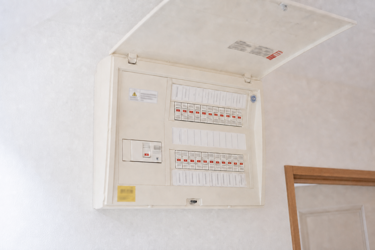 住宅の壁に設置された扉を開いた状態の分電盤