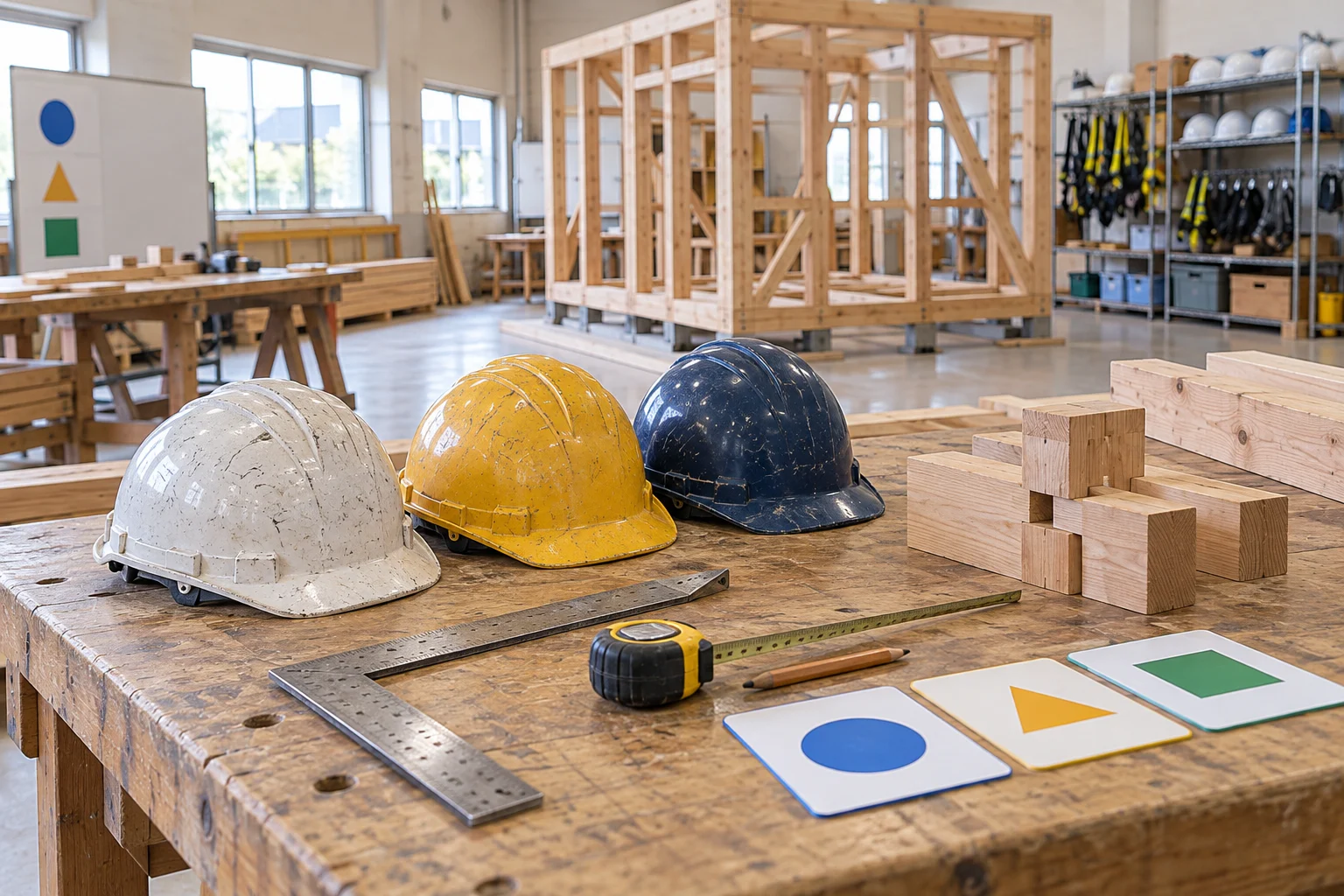 建設技能の研修室で使い込まれた3色のヘルメット、測定工具、木組み模型を並べた人材育成のイメージ