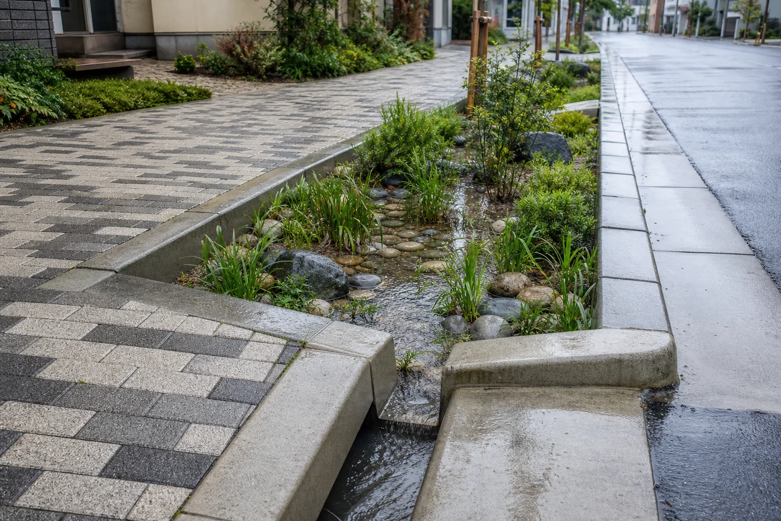 雨上がりの街路に設けられた雨庭と縁石の流入口、透水性舗装のイメージ