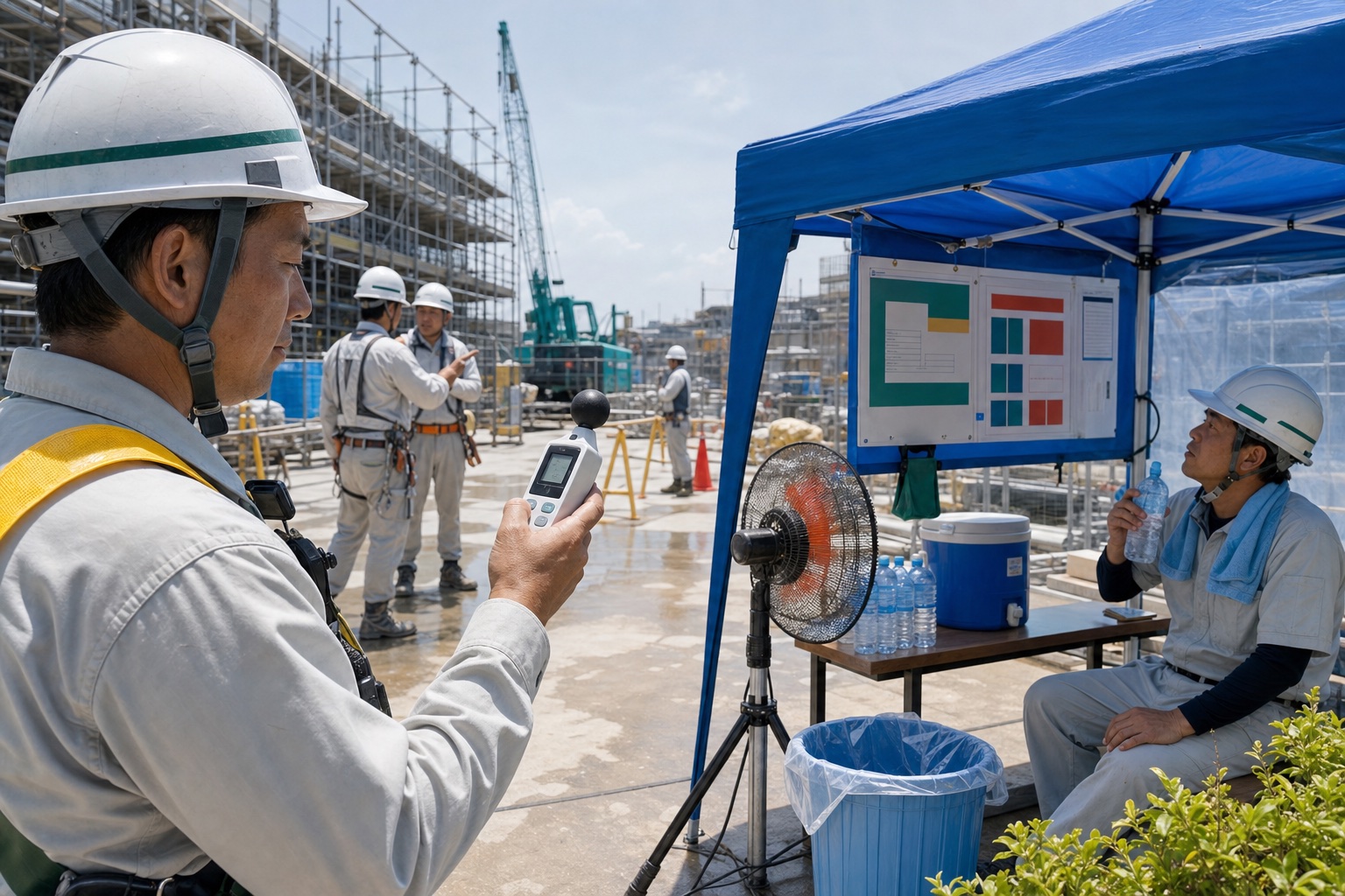 WBGT計と休憩所を確認する建設現場の熱中症対策