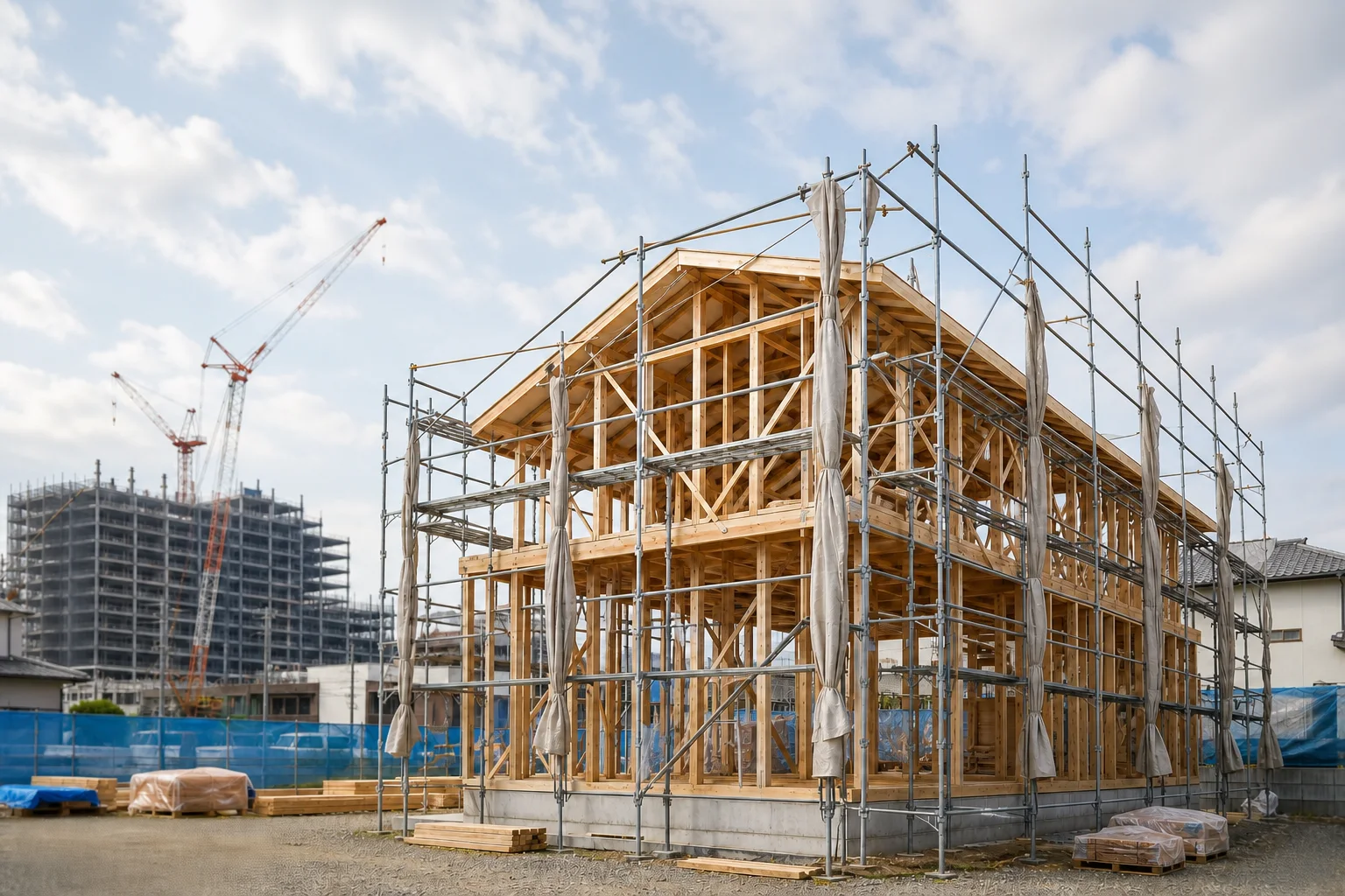 建築途中の木造住宅と遠景の中規模建築現場を対比したイメージ