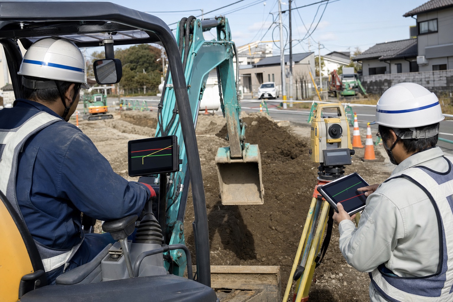 小規模土工で測量端末と2次元マシンガイダンス建機を使う現場