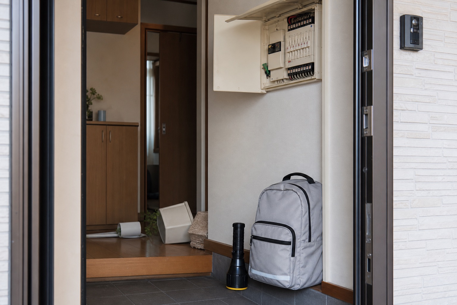 地震後の住宅安全確認を表す、玄関の懐中電灯・防災バッグ・分電盤のイメージ