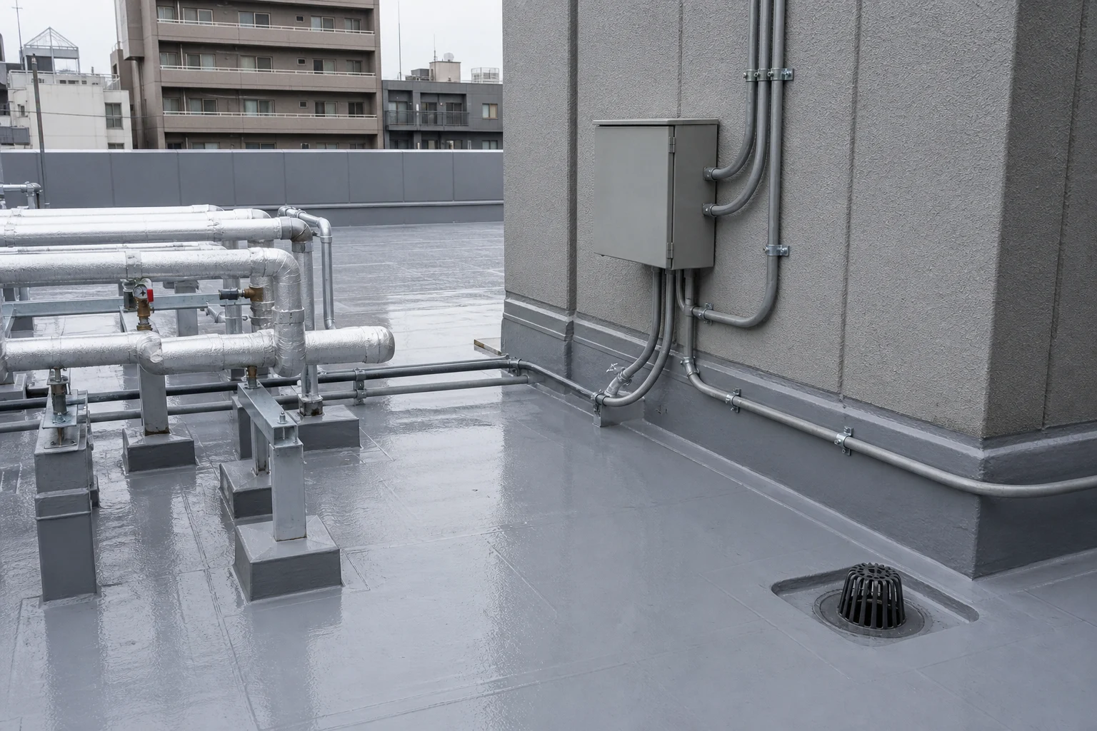防水された屋上に配管と電線管が設置された異なる工種の施工イメージ