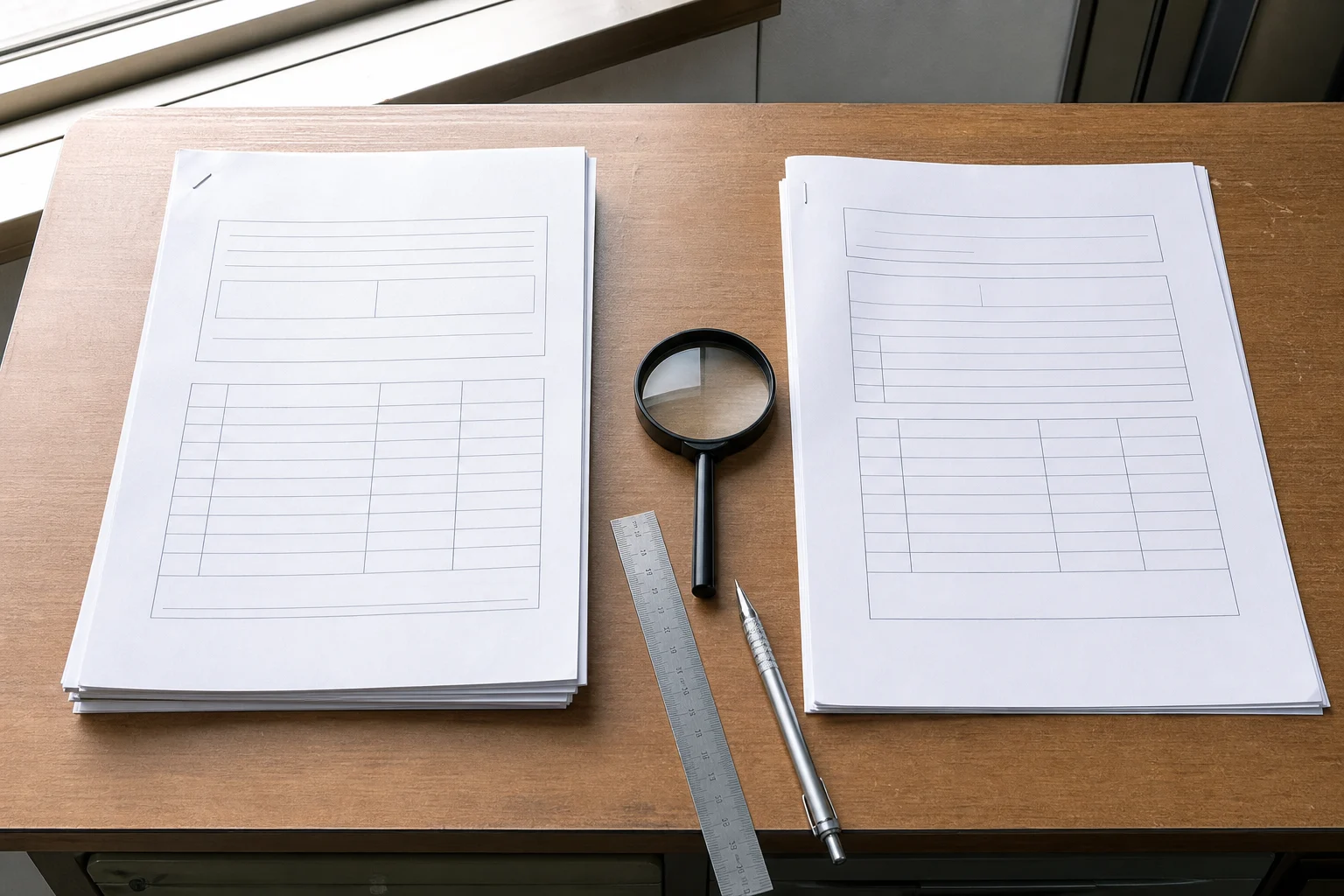 無記名の2組の書類を虫眼鏡で照合するイメージ