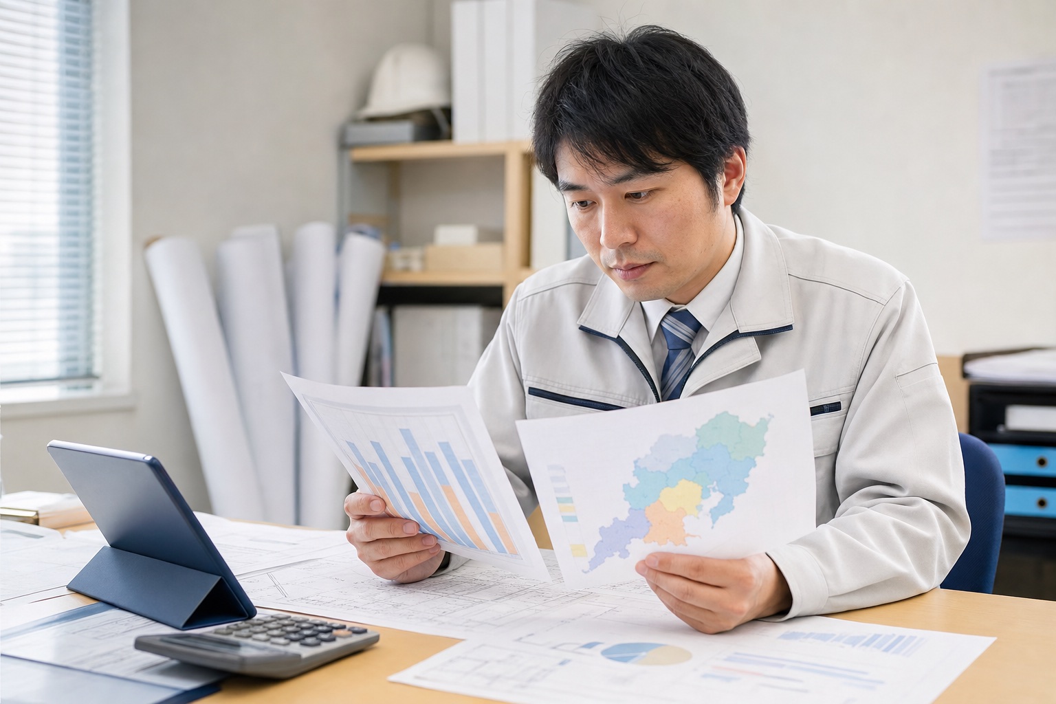 地域別の労務単価と工事見積を比較する建設会社の積算担当者