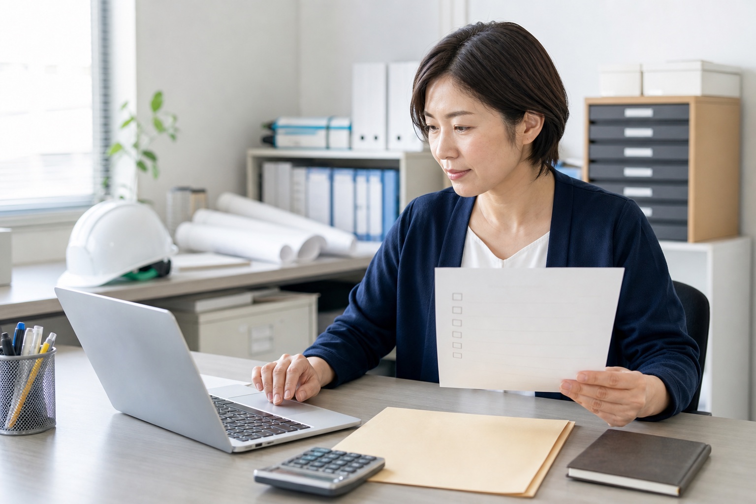競争参加資格の申請準備としてチェックリストとパソコンを確認する建設会社の担当者