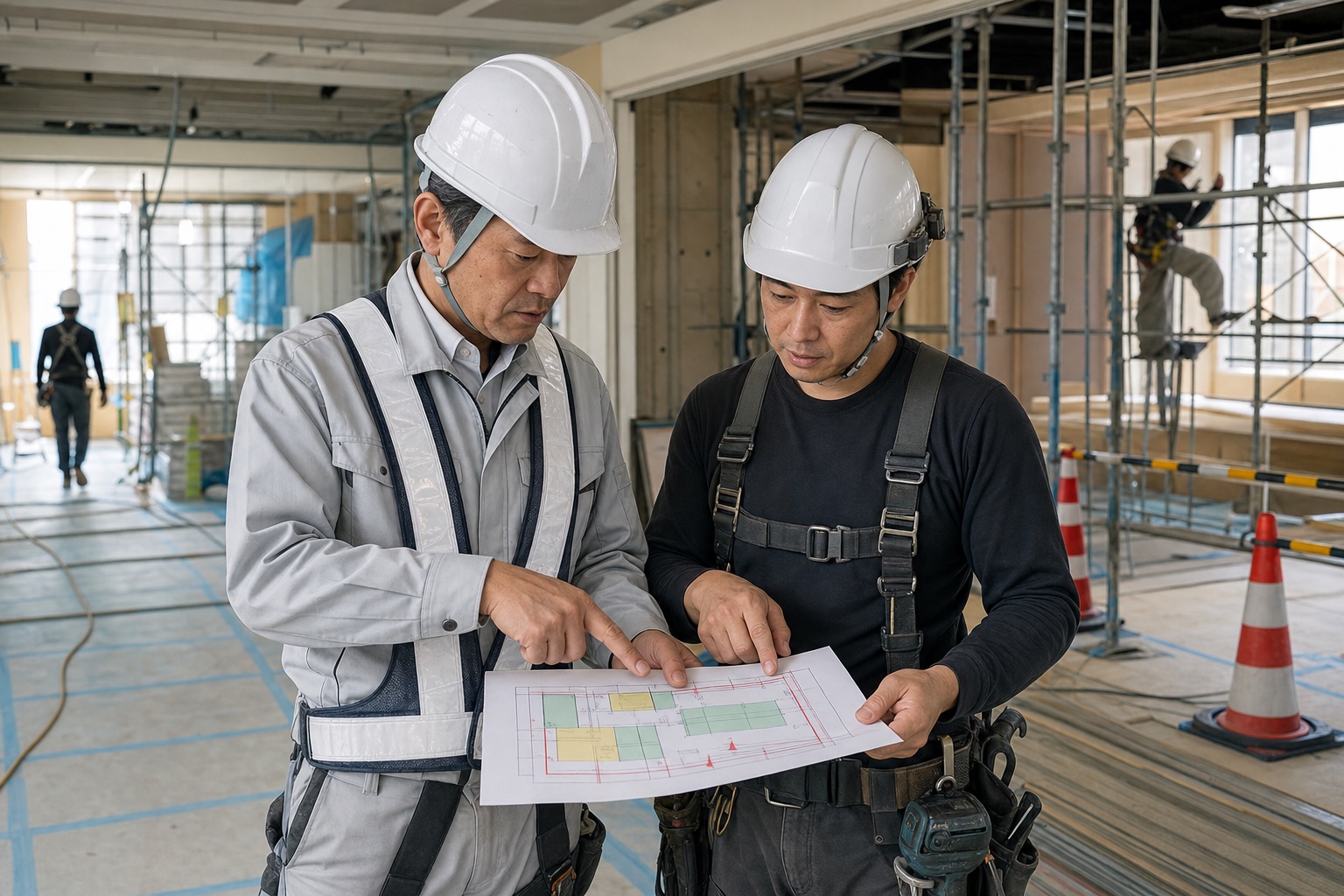 元請担当者と一人親方が安全手順を確認する建設現場