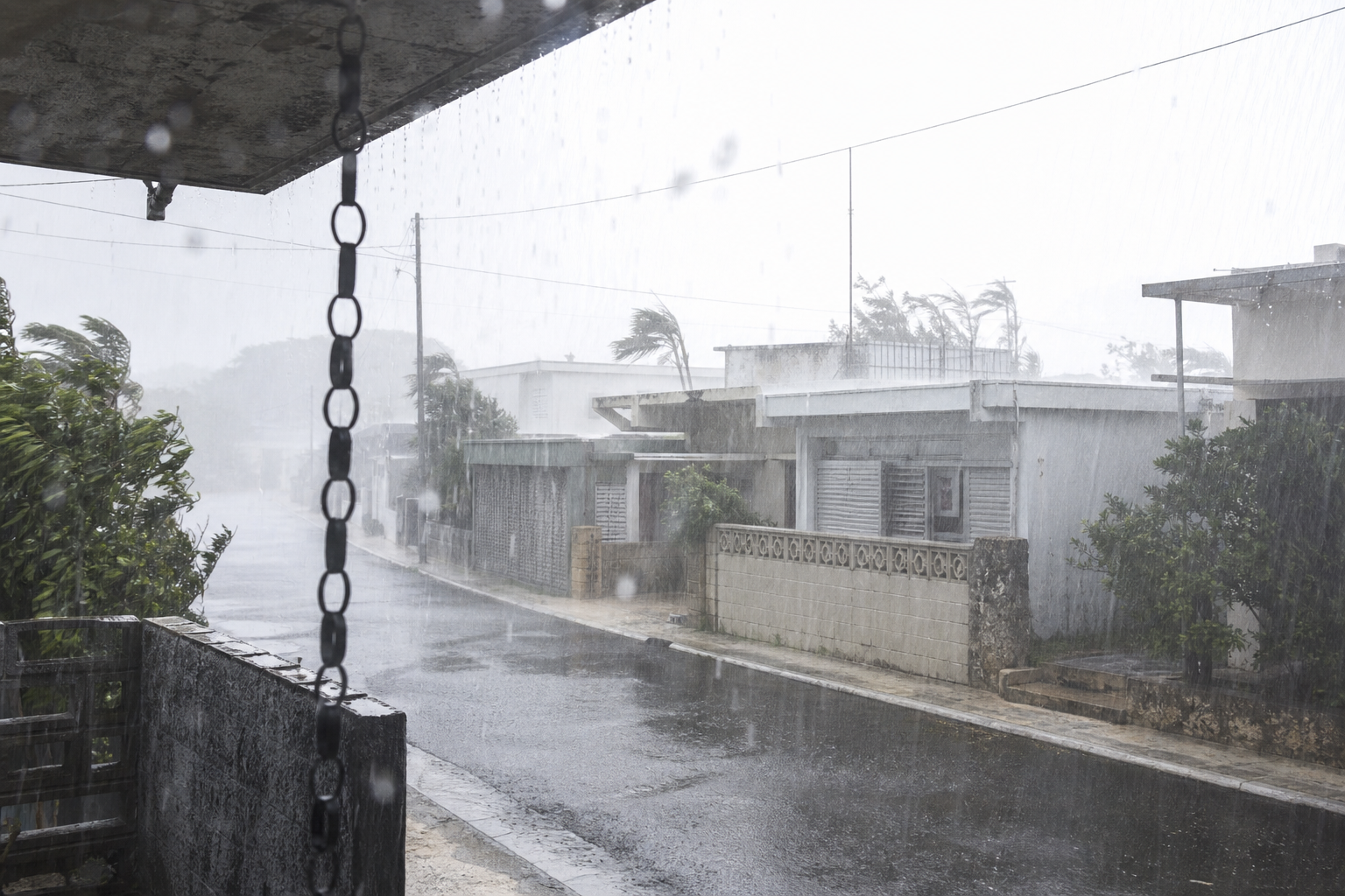 強い風雨にさらされる住宅街を軒下から見た様子