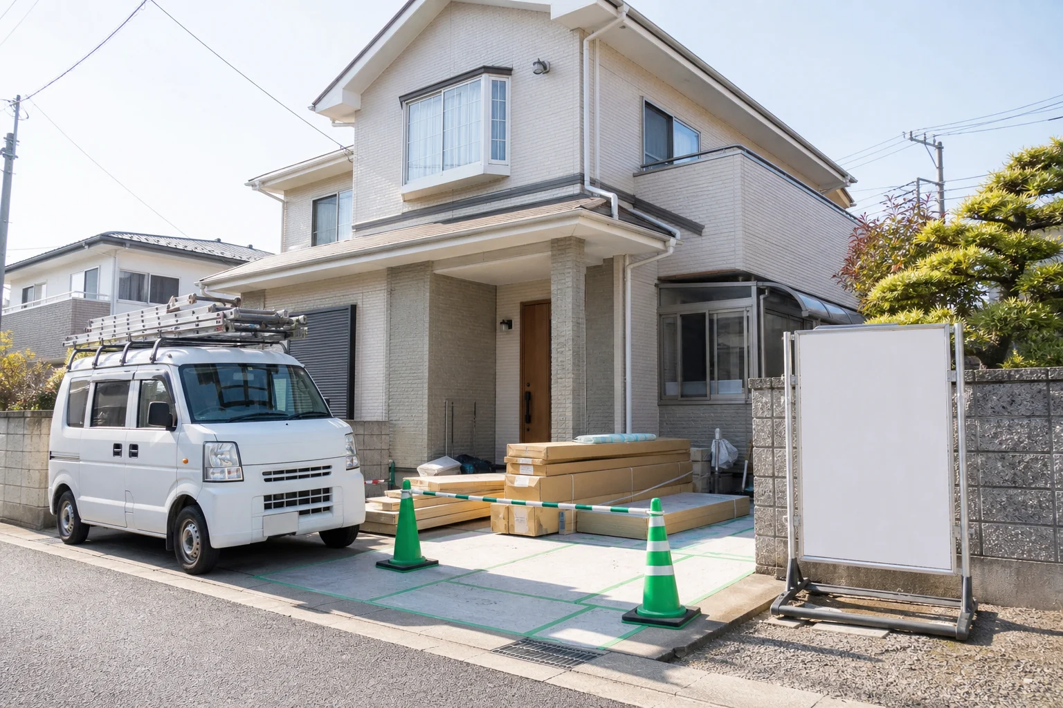 工事前の住宅に車両と資材を配置した改修現場のイメージ
