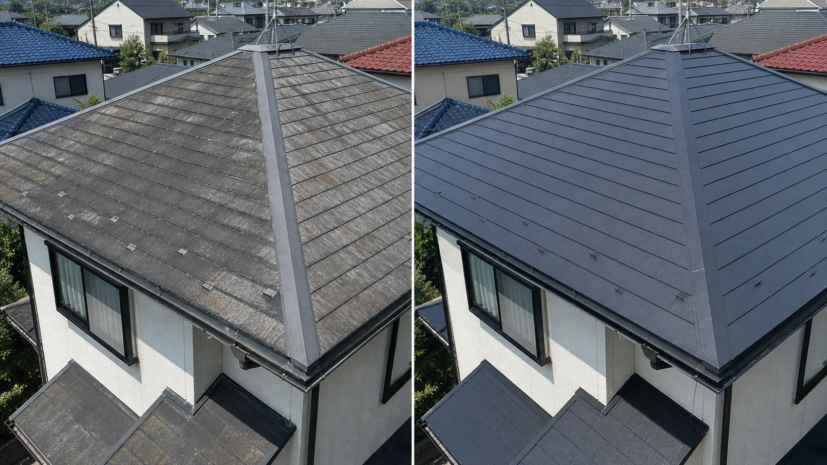 戸建て屋根の葺き替え工事のビフォーアフター