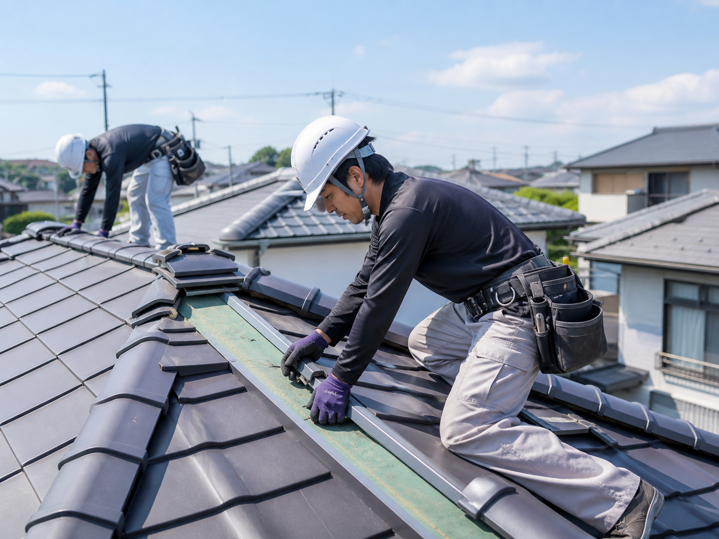 住宅屋根で補修作業をする職人