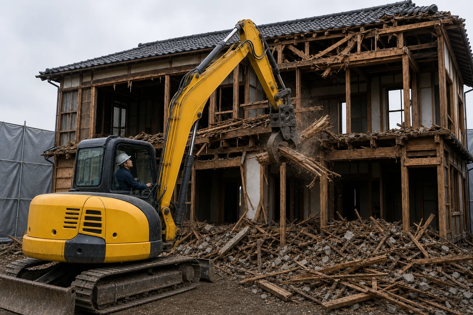 仮囲いで管理された現場で重機が住宅を解体する作業風景