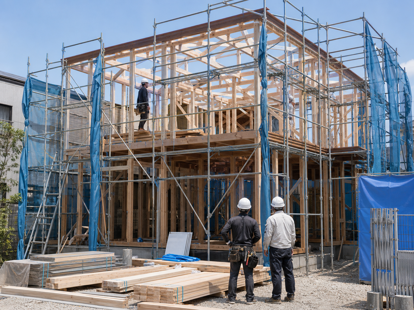 新築建築物の骨組みを確認する建築工事