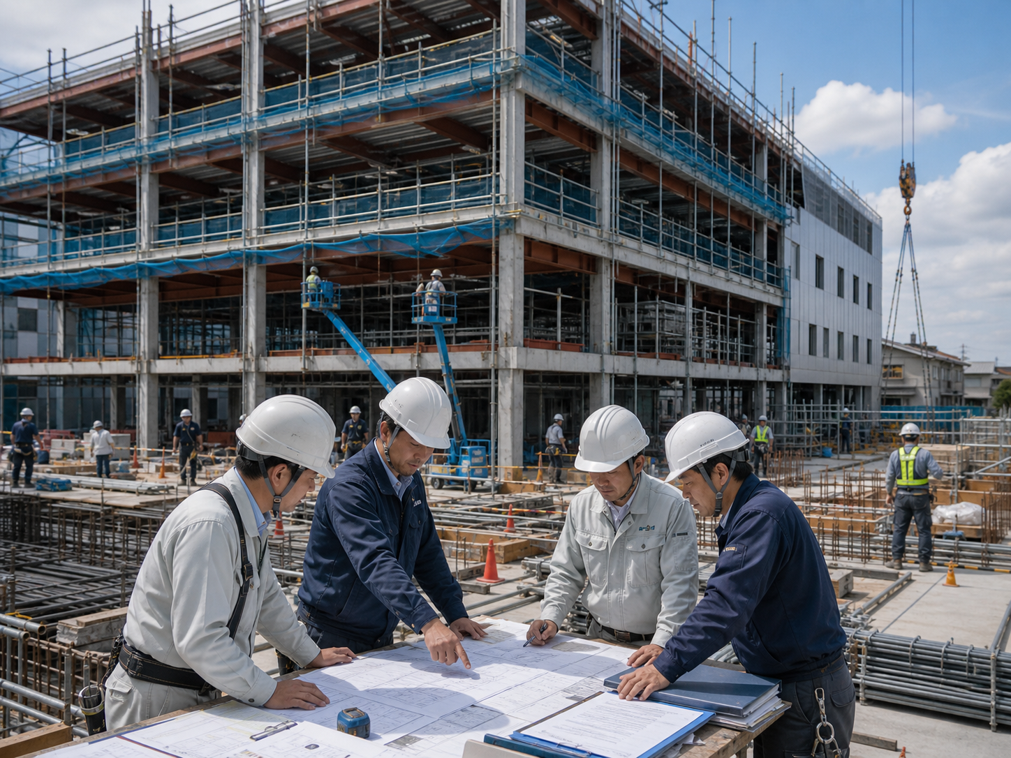 建築工事現場で図面を確認する現場管理者