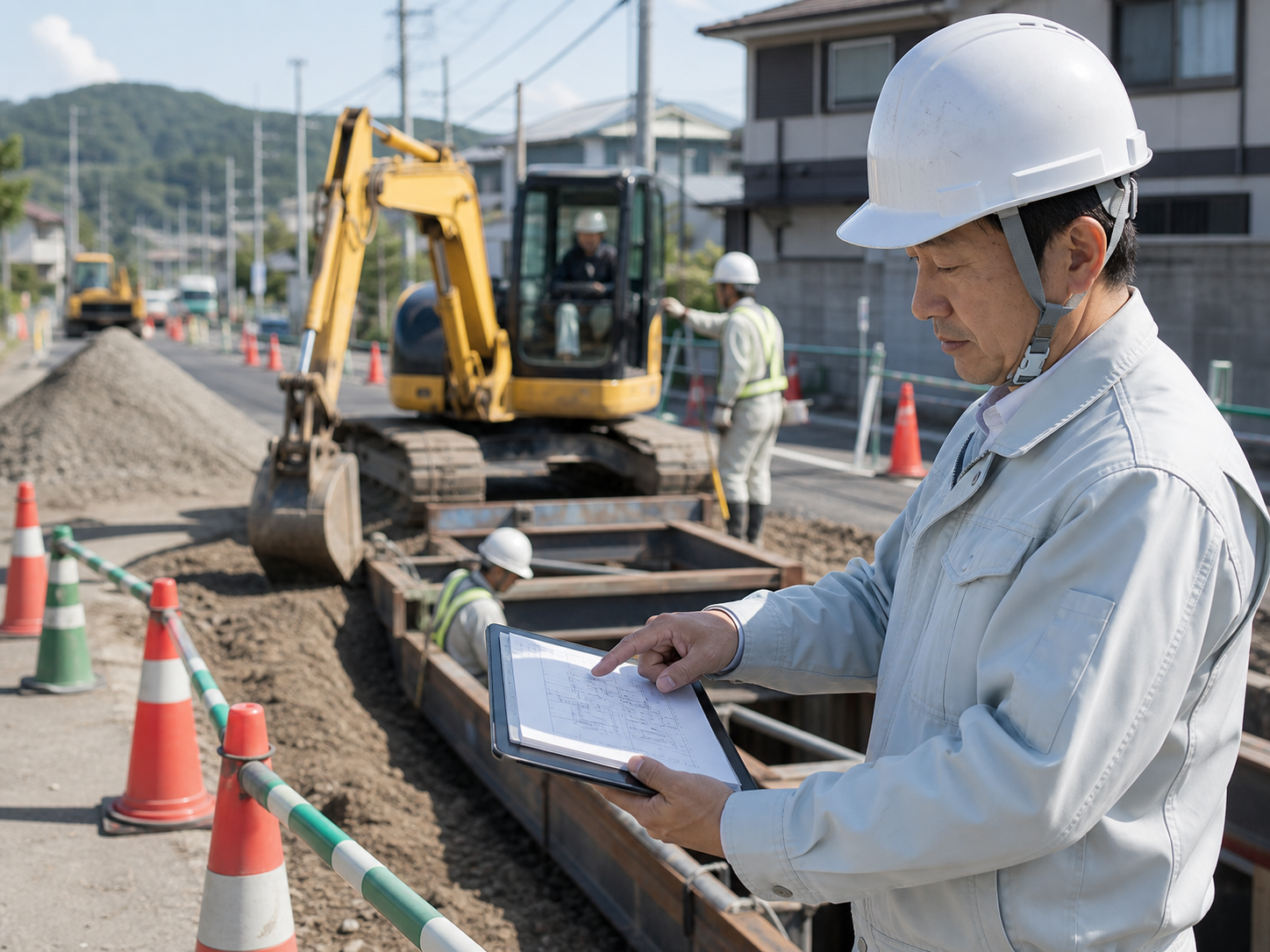 土木工事現場で図面を確認する現場管理者