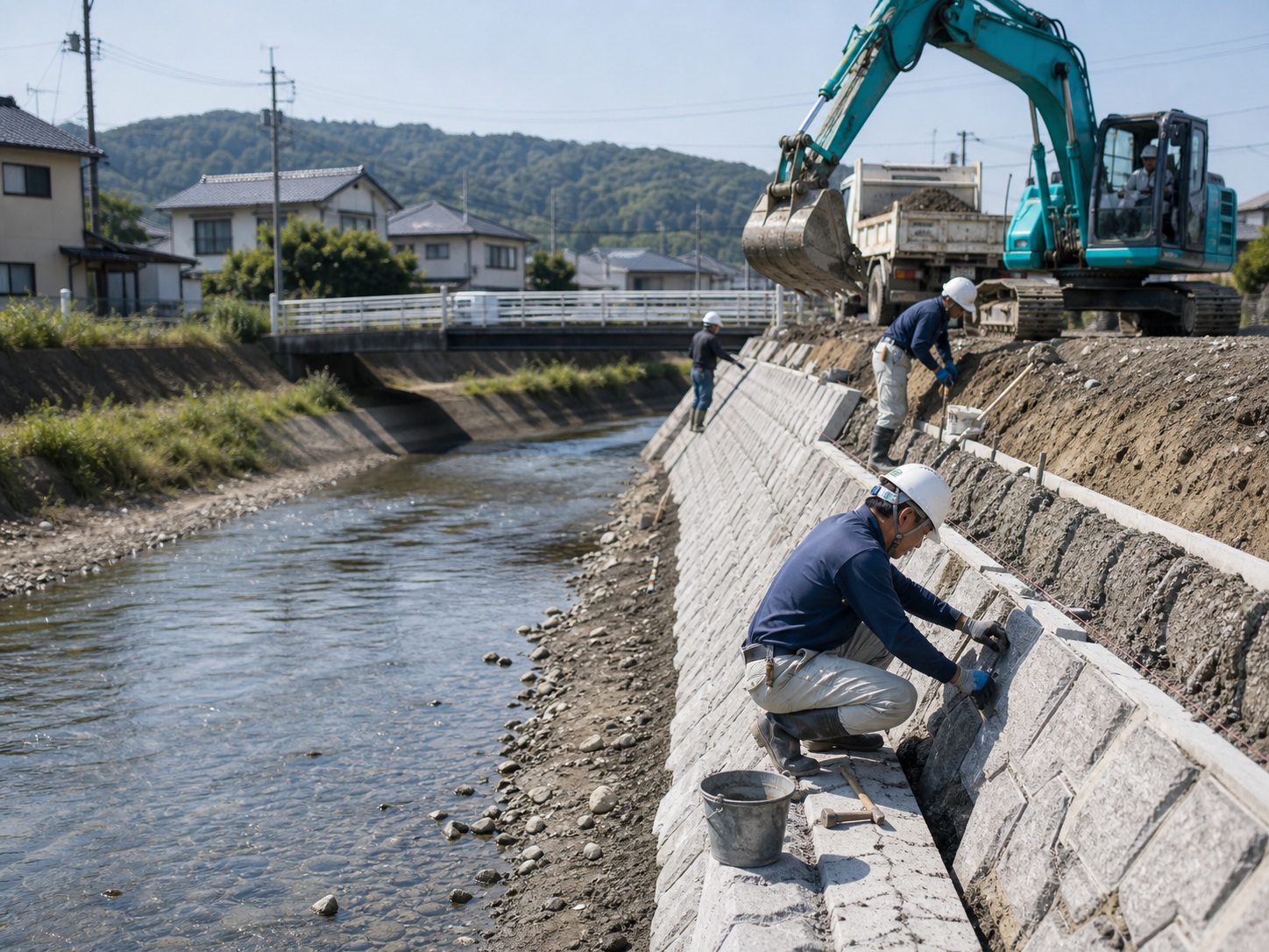 河川沿いで護岸を施工する土木工事