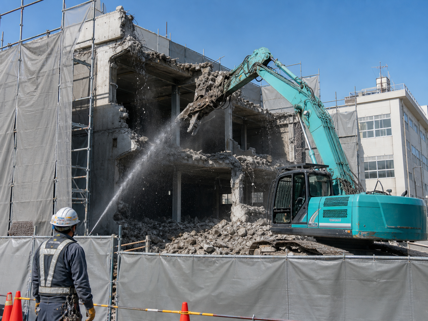 養生された現場で建物を解体する工事
