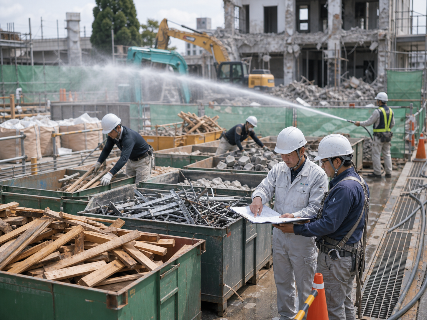 解体現場で廃材を分別し安全管理を行う様子