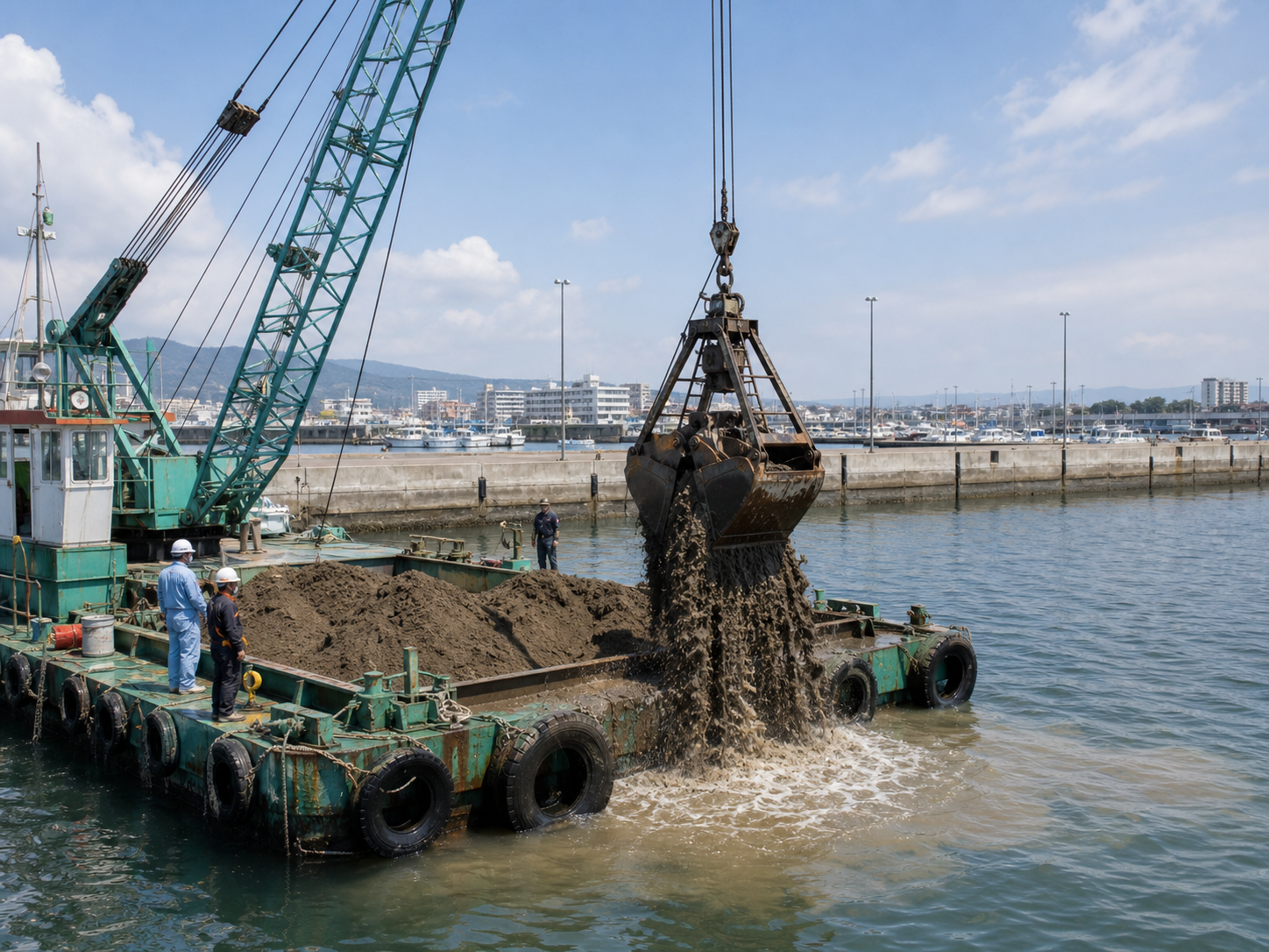 港湾で砂を取り除き水深を確保するしゅんせつ工事