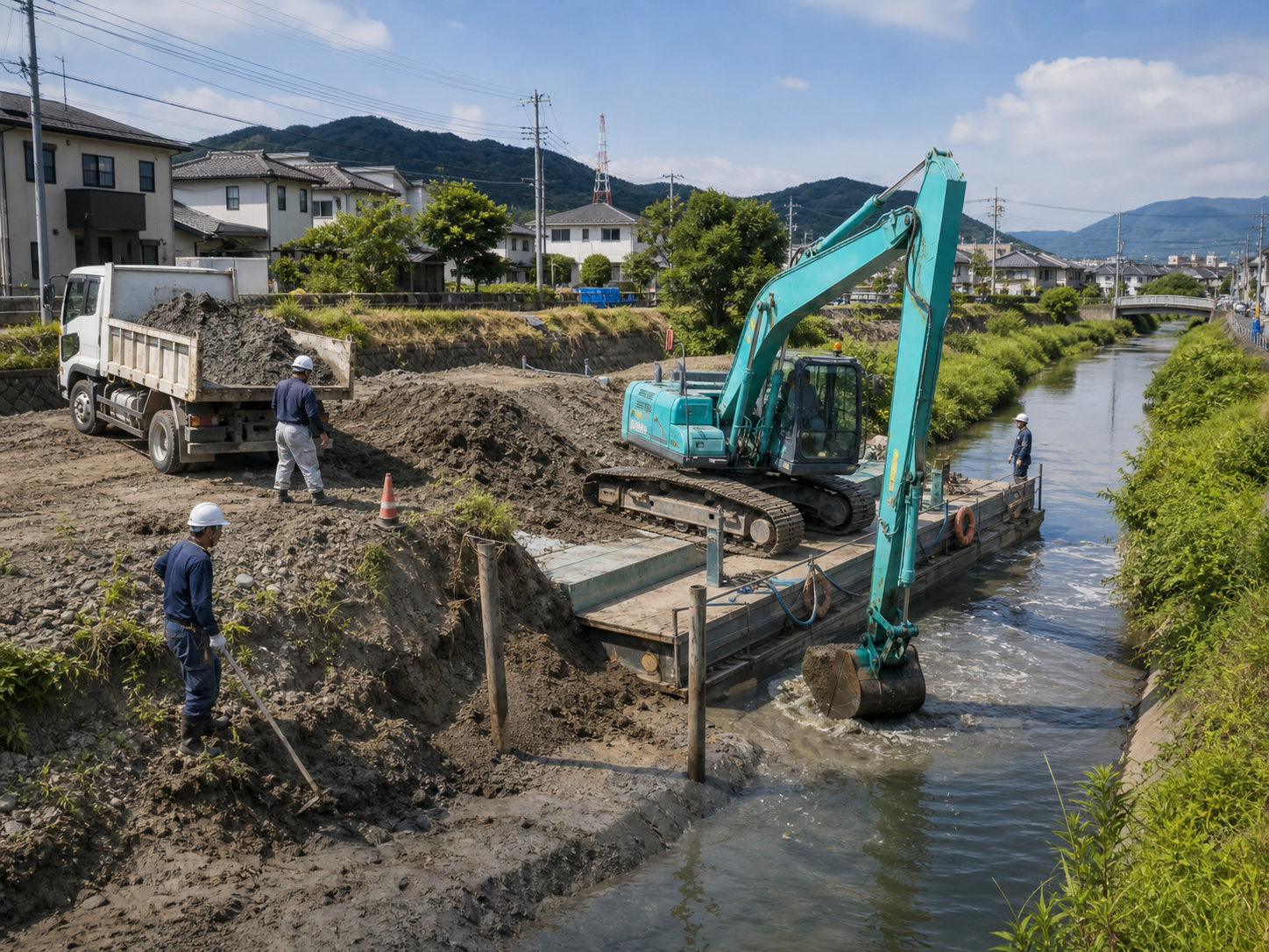 河川や水路に堆積した砂を除去するしゅんせつ工事