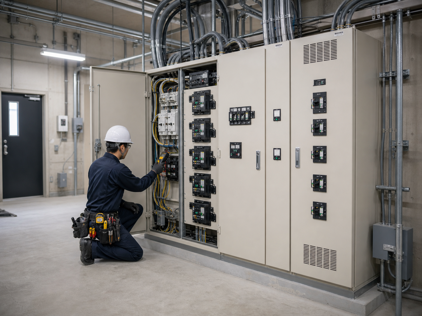 分電盤や受変電設備を確認する電気工事