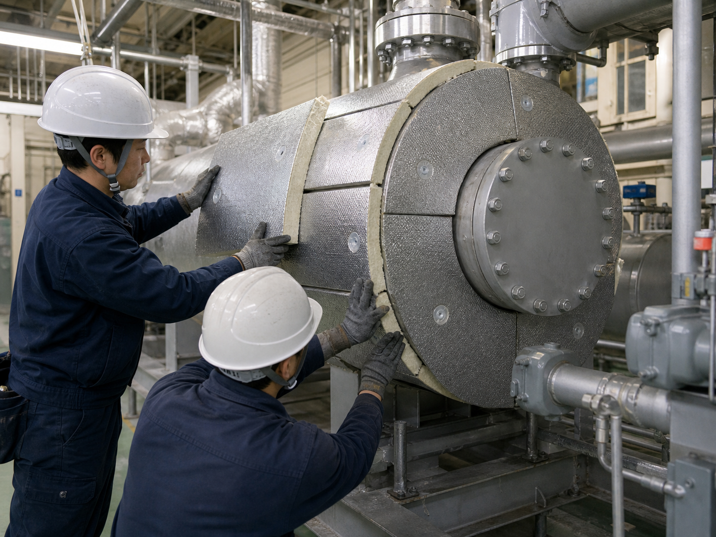 設備まわりに断熱材を施工する熱絶縁工事