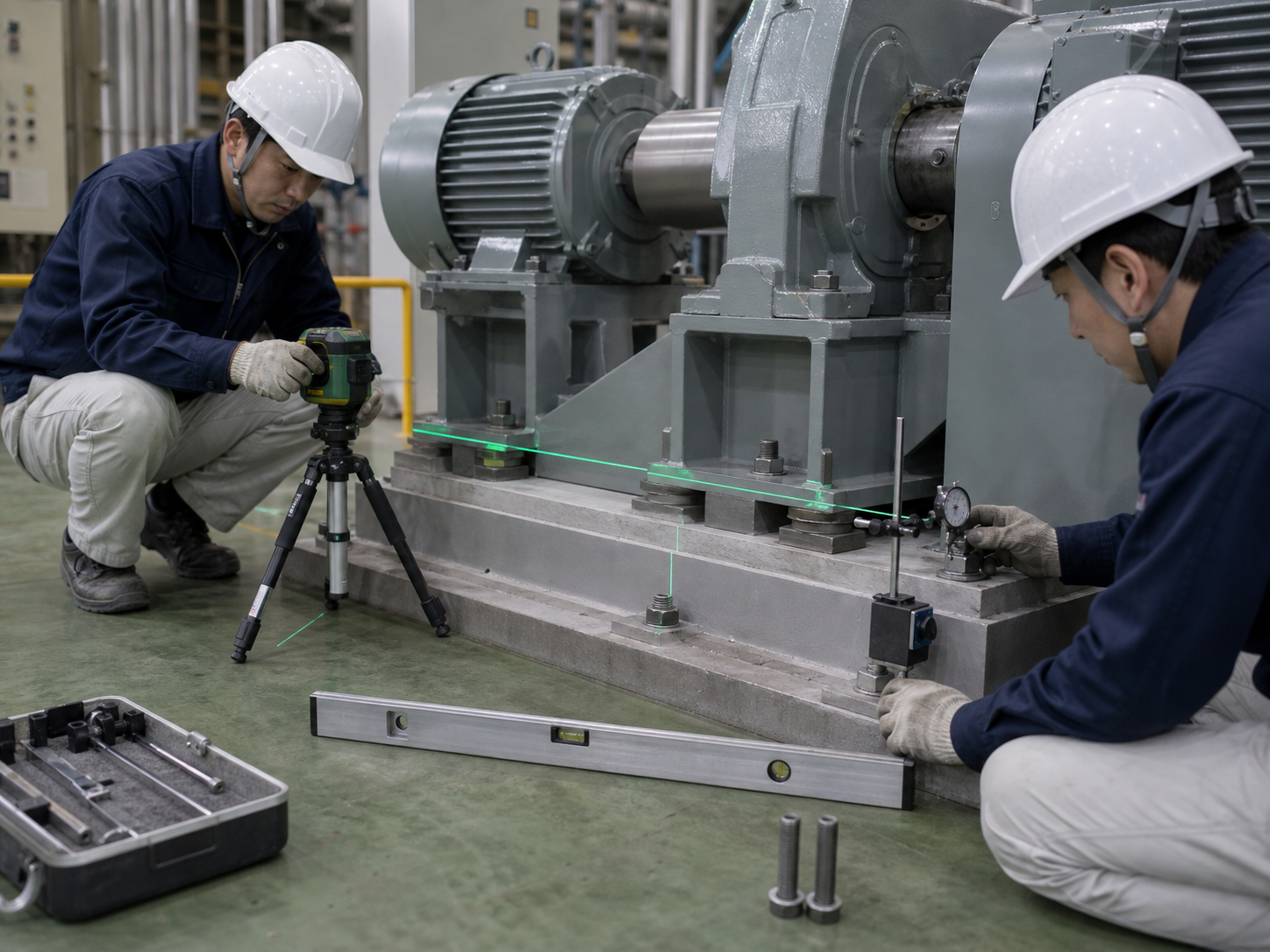 機械設備の水平と芯出しを確認する工事