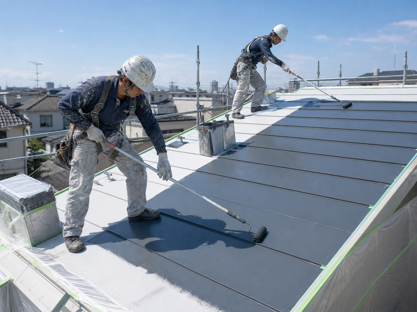 屋根材に塗料を塗る塗装工事